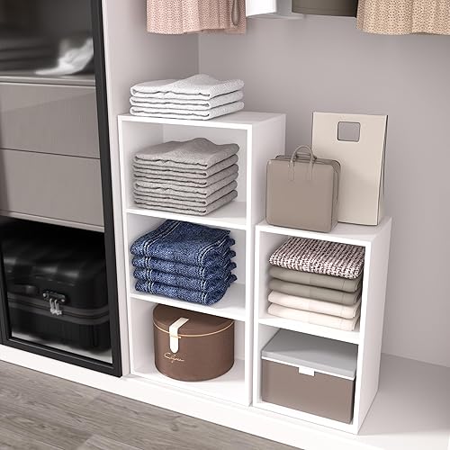 Vista 5 de Organizador de almacenamiento de madera de 3 cubos, estantería baja de 3 niveles, organizador de almacenamiento independiente, estante de cubos