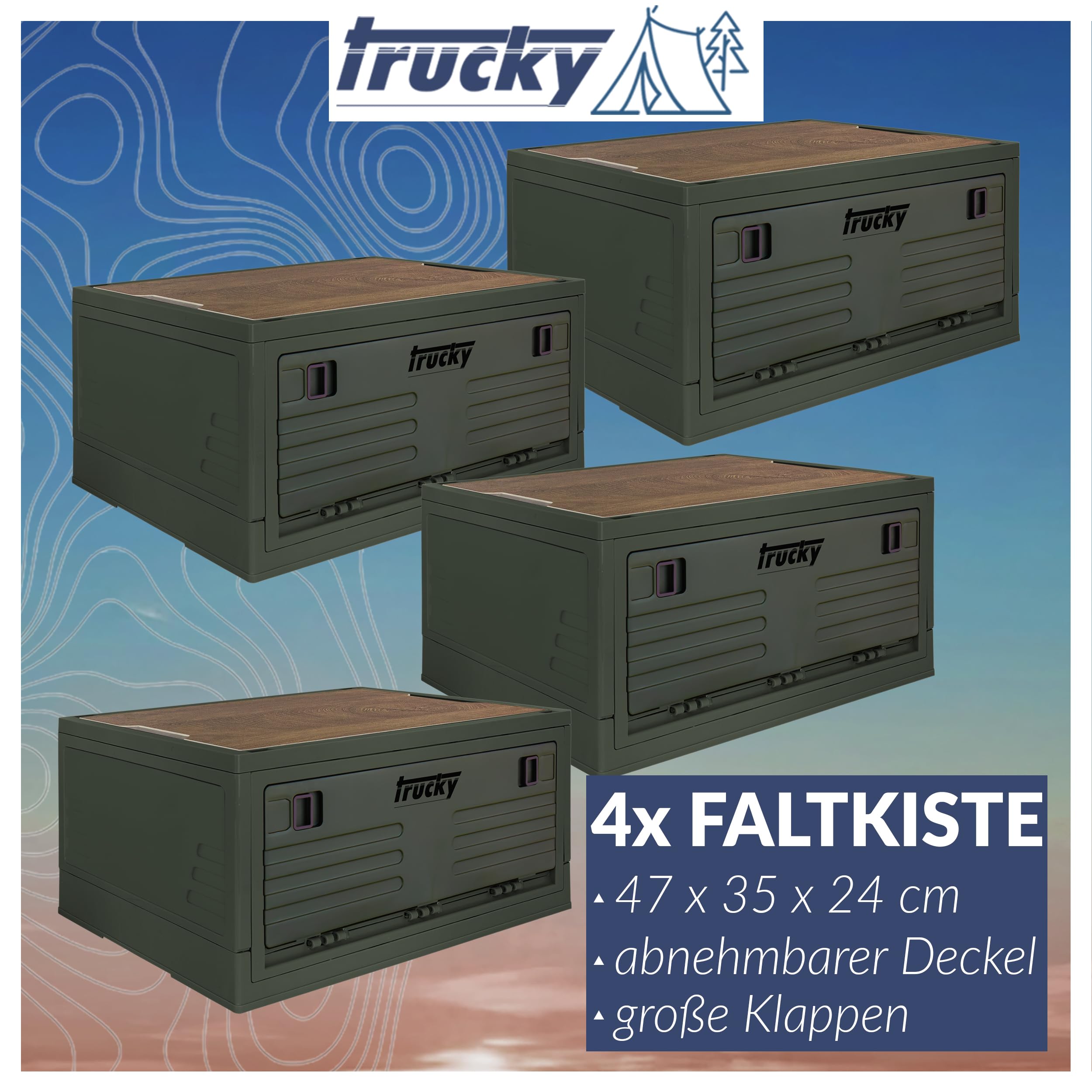 Trucky Caja de almacenamiento con tapa, juego de 4 unidades, 35 L, 48 x 30 x 24 cm, para camping, plegable, con tapa, color verde