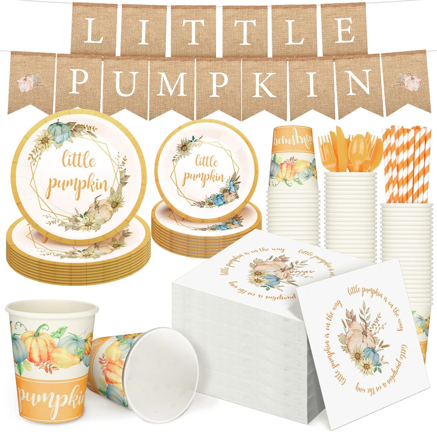 Tanlade 193 Pcs Thanksgiving Little Pumpkin Baby Shower Party Decoration Set Including Fall Little Pumpkin Banner Disposable Fall Baby Shower Paper Plates Cups Napkin Straws Plastic Knives Fork Spoons