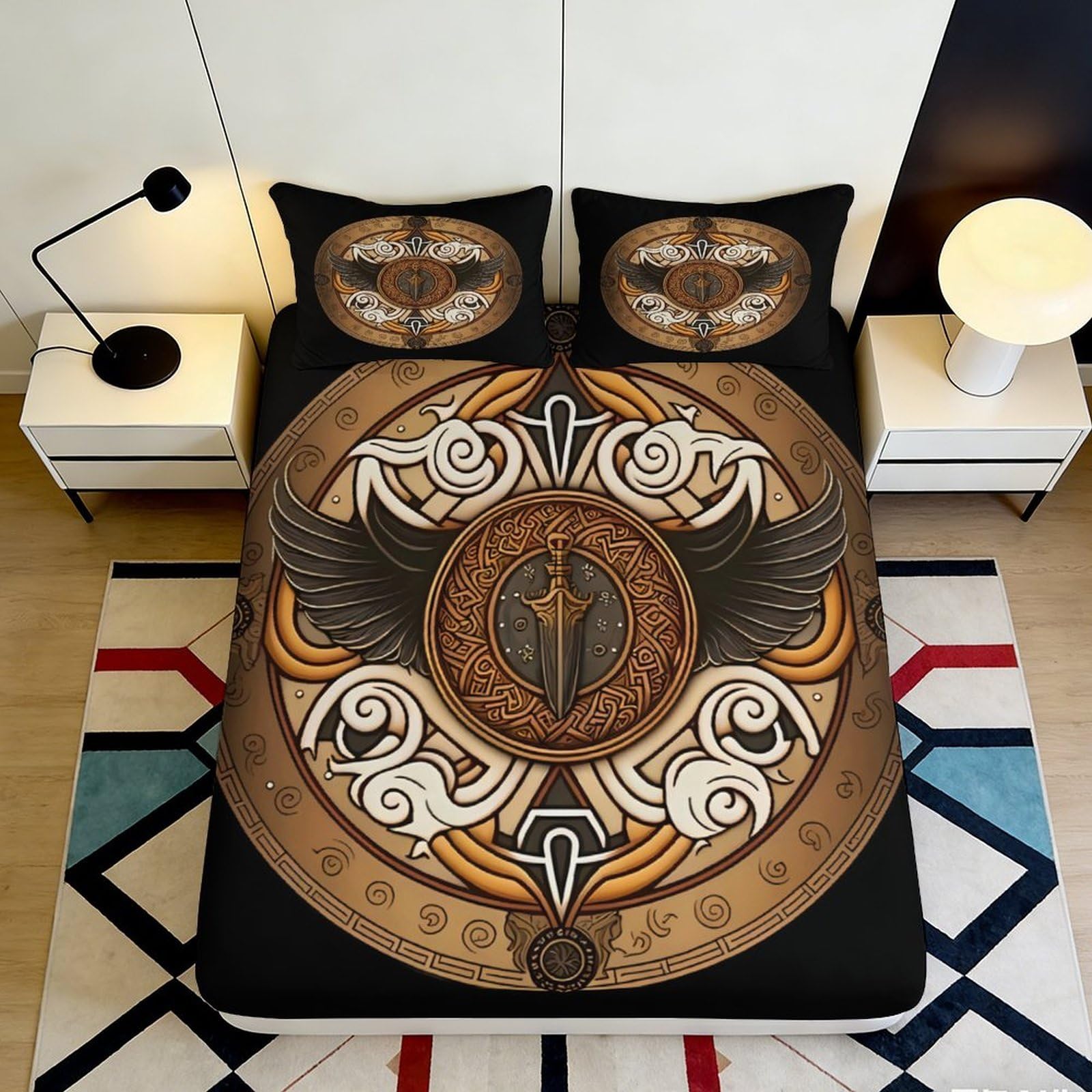3D Printed Viking Shield Fitted Sheet Microfiber Medieval Armor Bed Cover for Bedroom Dorm Mattress Protection Decor 90x200x25cm