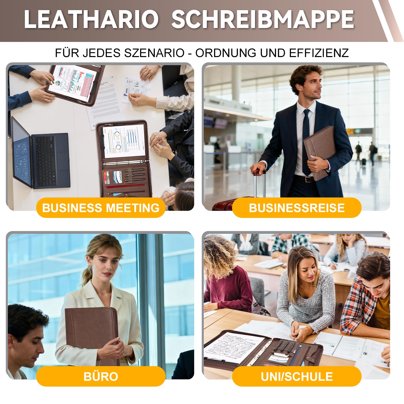Leathario Schreibmappe A4 mit Reißverschluss, Konferenzmappe 10 Klarsichthüllen, Dokumentenmappe 4 Ringbuch, Ringmappe, Aktenmappe mit Notizblock,Mappe, für Meeting, Business ikl.1 Kugelschreiber