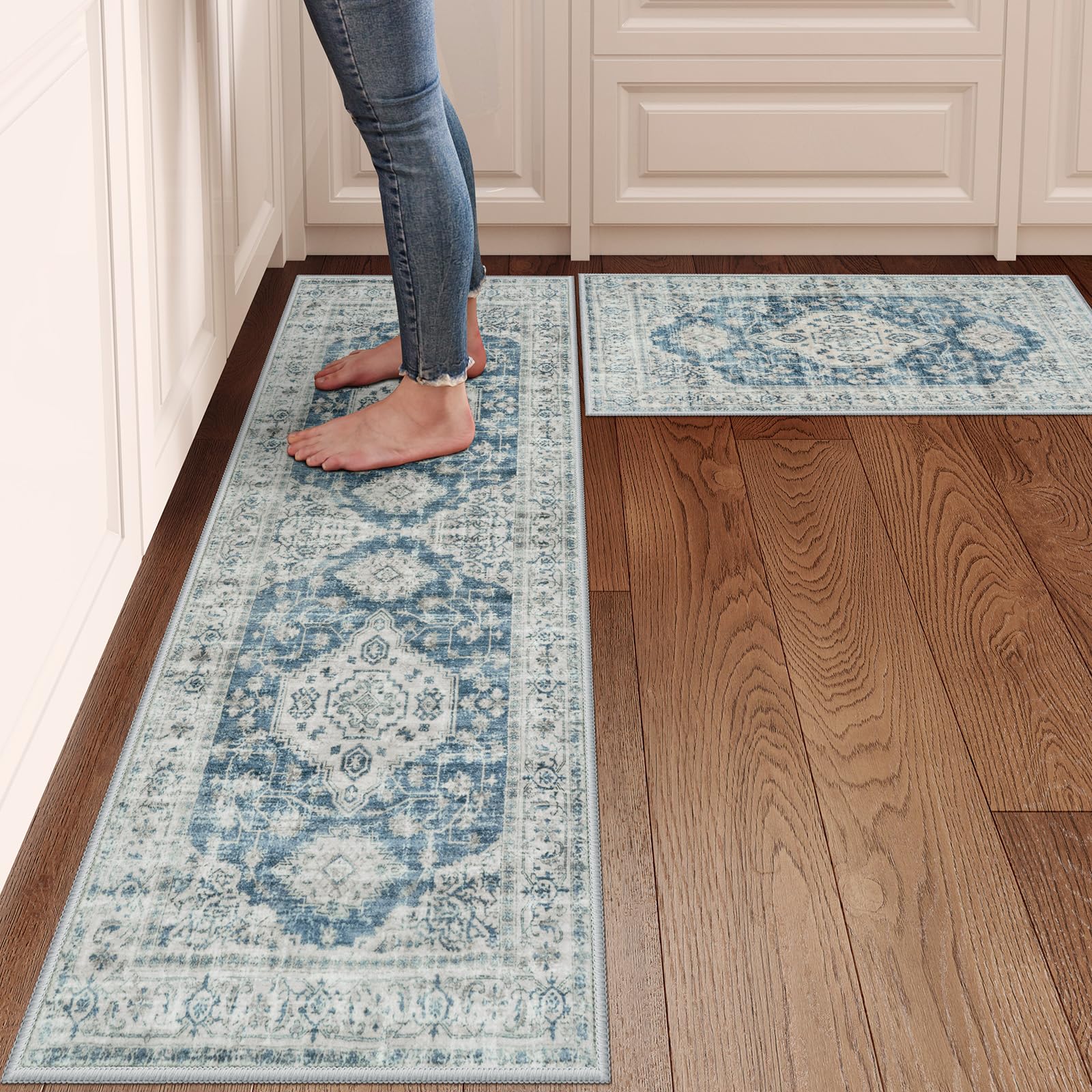 LEEVAN Kitchen Mat Sets of 2, Anti Fatigue Blue Kitchen