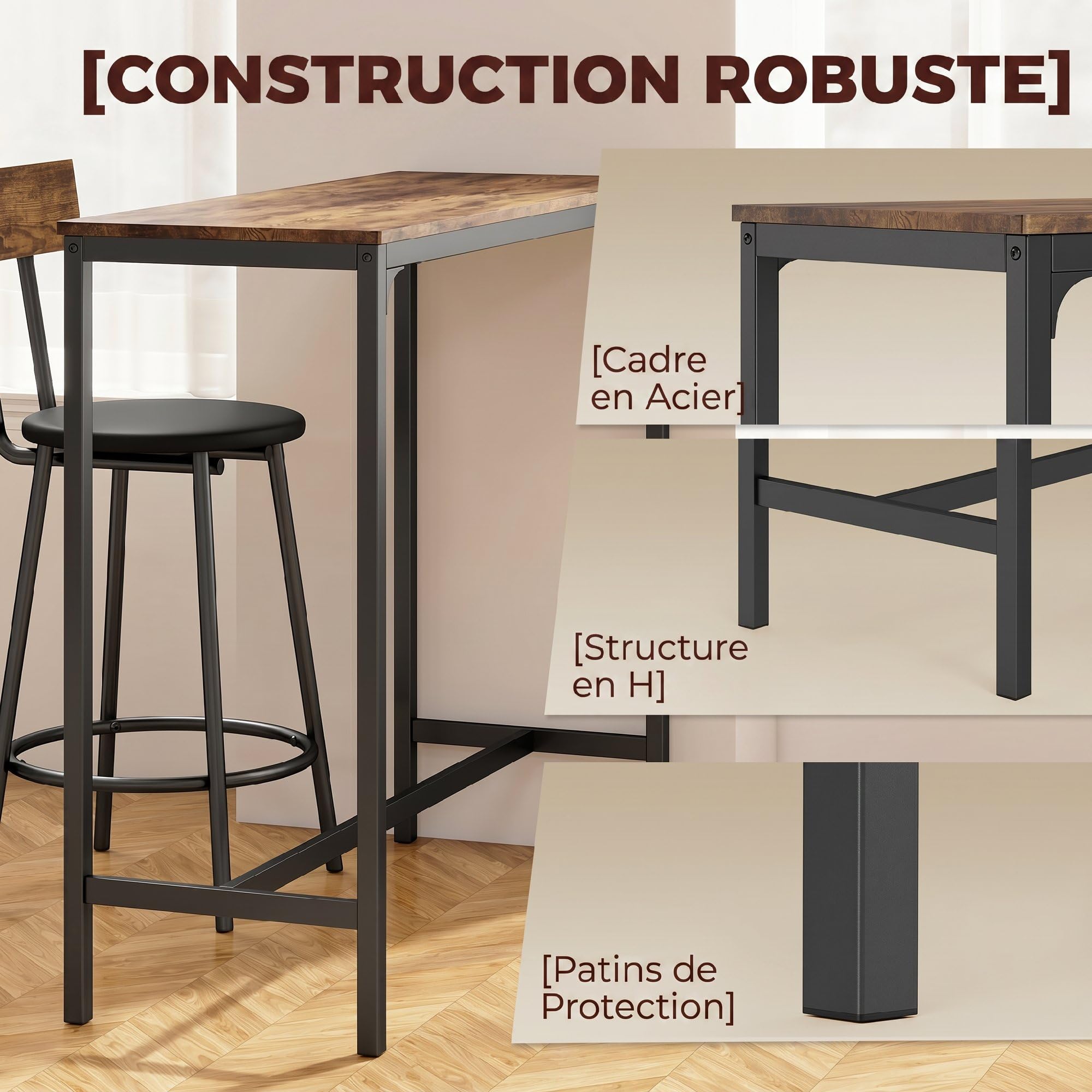 HOMCOM Ensemble Table de Bar avec 2 Tabourets Repose-Pieds PU Marron