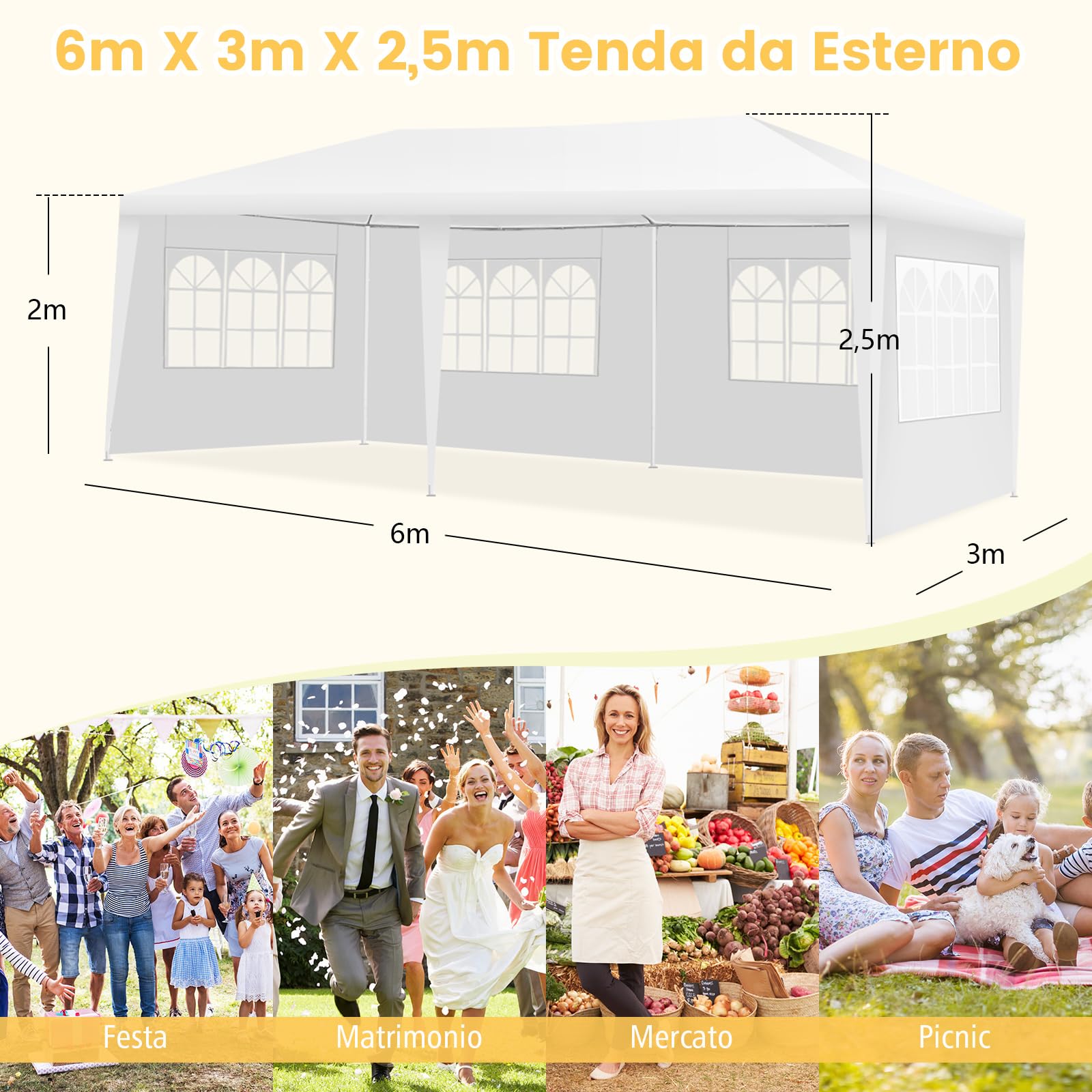 COSTWAY Gazebo da Giardino 3 x 6 m, Tendone per Feste con 4 Tende Laterali Rimovibili e 2 Porte con Cerniera, Con Borsa di Trasporto, Impermeabile Protezione UV