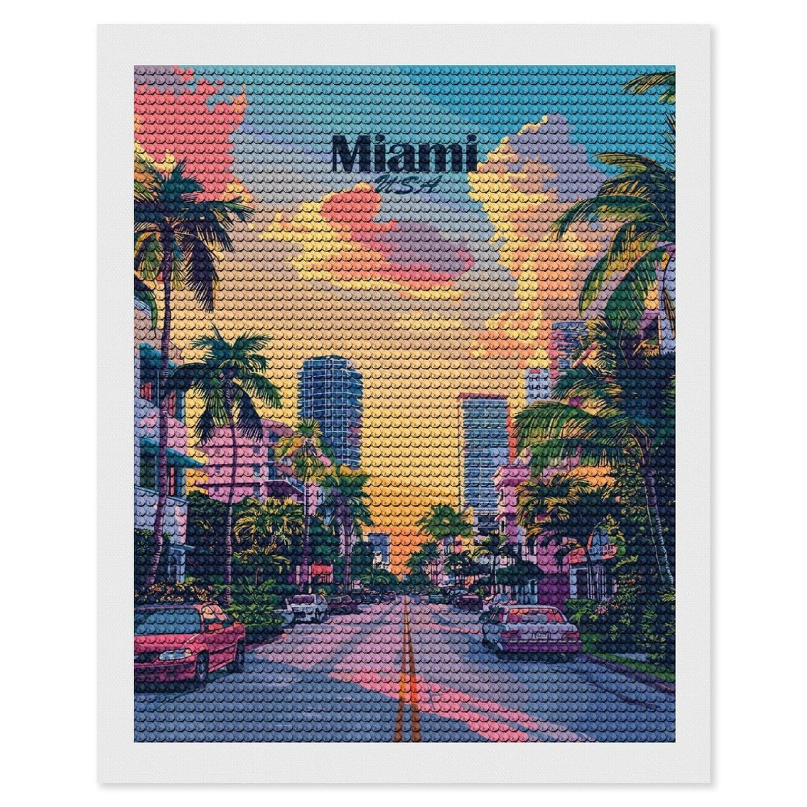 Junmoney Miami USA Cityscape with Palm Trees Diamond Painting Canvas Set 16"x20", for Adults, Decorate Your Room, Festive Craft Gift, Office Decor