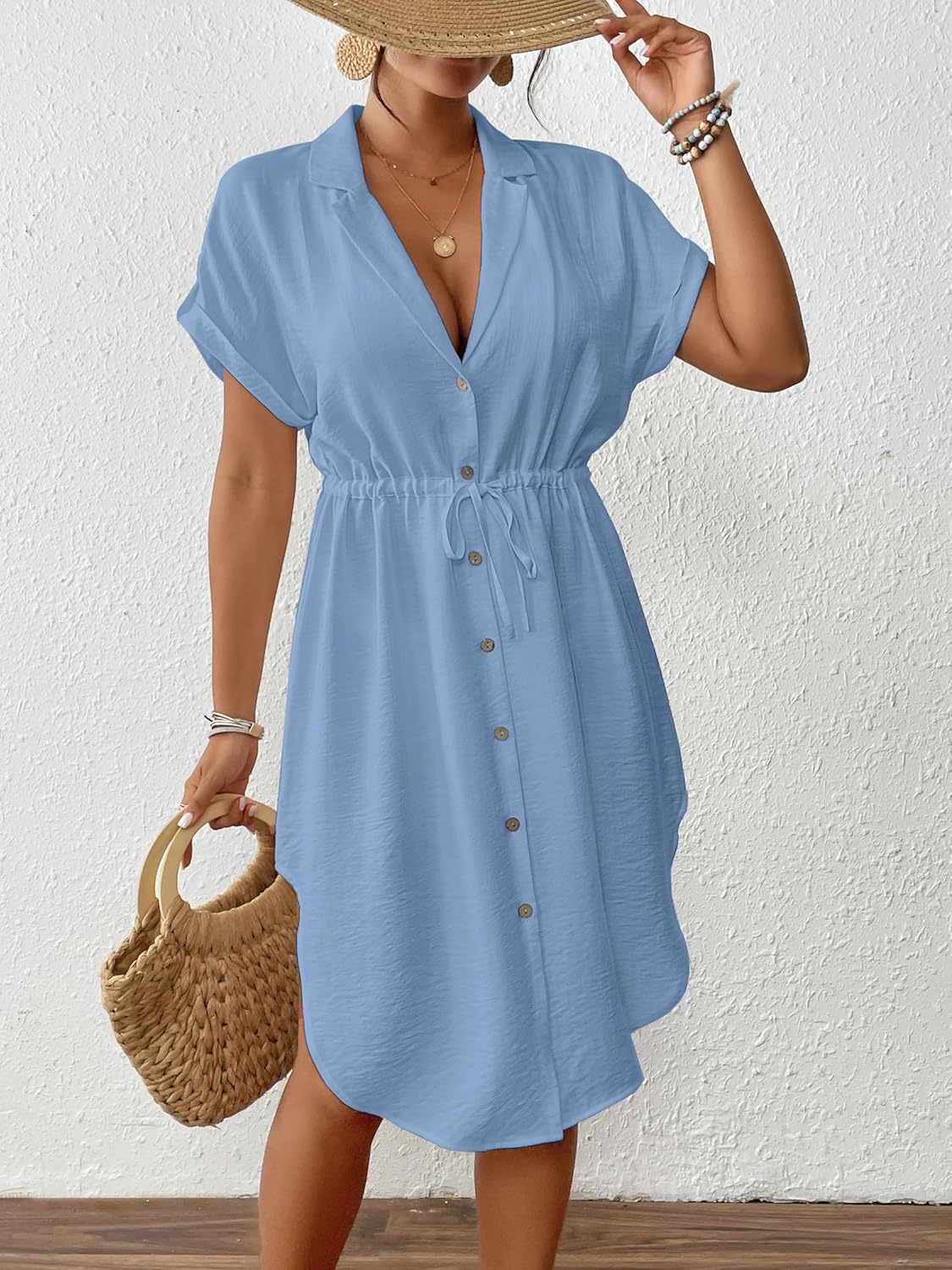 Bsubseach Women 2026 Swimsuit Coverup Button Bathing Suit Cover Ups Short Sleeve Shirt Cover Up Dress Beach Dress - Image 4