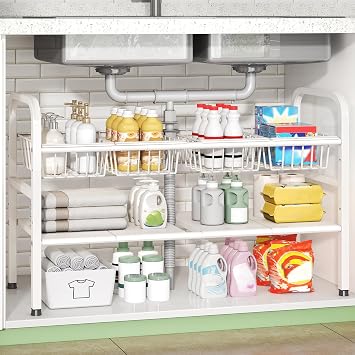 2 Tier Under Sink Organizer Expandable Length/Height Adjustable Heavy