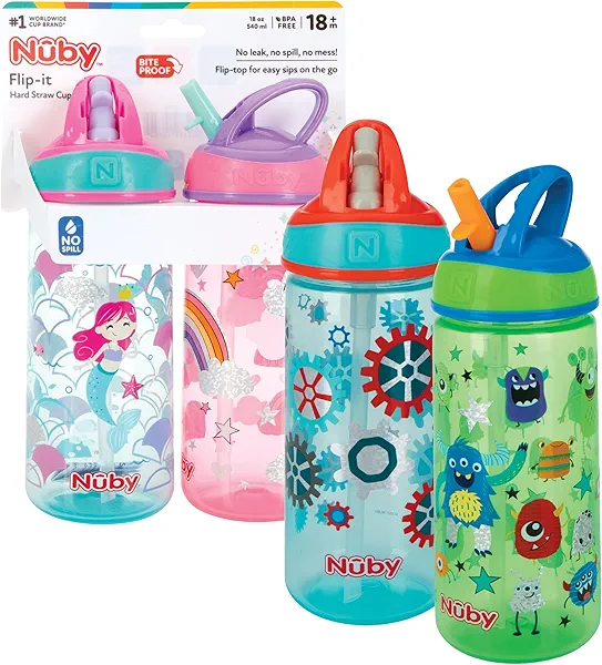 Nuby 2 Pack Iridescent Flip-it Kids On-The-Go Printed Water Bottle with Bite Proof Hard Straw - 18oz / 540 ml, 18+ Months, 2 pk Prints May Vary