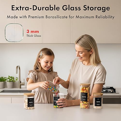 Miniatura 5 de Contenedores cuadrados de almacenamiento de vidrio con tapas de bambú, paquete de 12 (4 unidades de 33.8 onzas, 8 x 20.2 onzas), tarros de