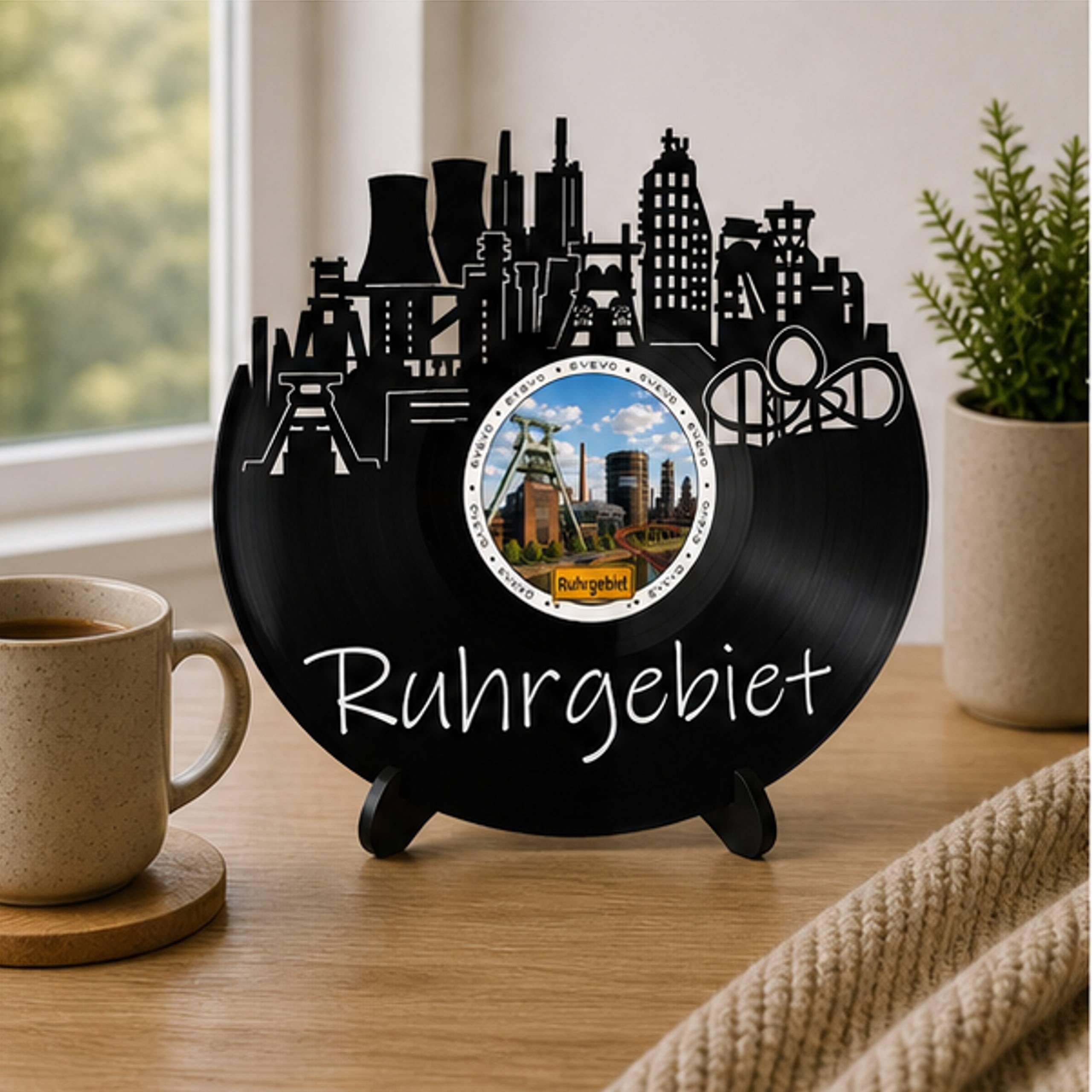 EVEVO Decorazione da parete a forma di disco Ruhrgebiet, decorazione da parete in vinile, motivo skyline di Ruhrpott, regalo per gli appassionati di carbone e acciaio, cultura industriale per amanti