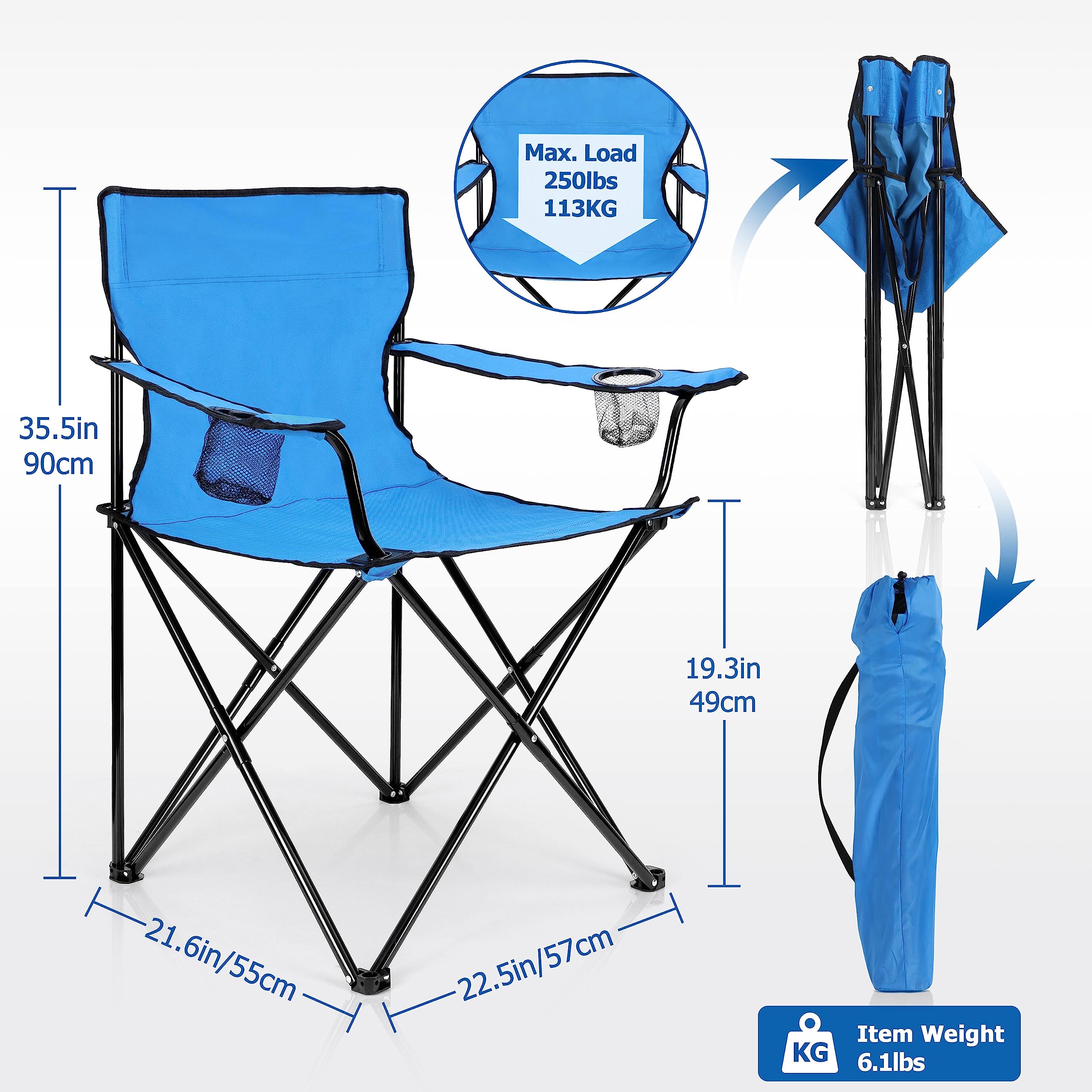 Leonyo Folding Camping Chair, Portable Outdoor Lawn Chair for Adults with Cup Holders, Carrying Bag for Outside Beach, Hiking, Sports, Blue