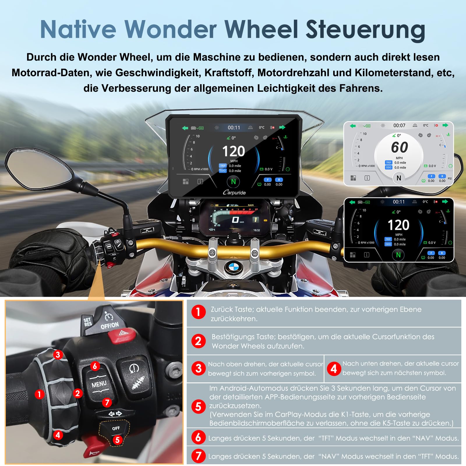 Carpuride W702BS Pro Motorrad Carplay Bildschirm mit Nativ Wonder Wheel für BMW Motorrad, Kabelloses CarPlay & Android Auto, 7" Wasserdichter Touchscreen, Dual Bluetooth, Gegensprech, Datenauslesung.