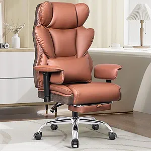 Big and Tall Office Chair - 400 LBS Capacity Executive Chair with High Back & Footrest, Ergonomic Office Chair for Heavy People, Wide Padded Seat Computer Gaming Chair, Brown
