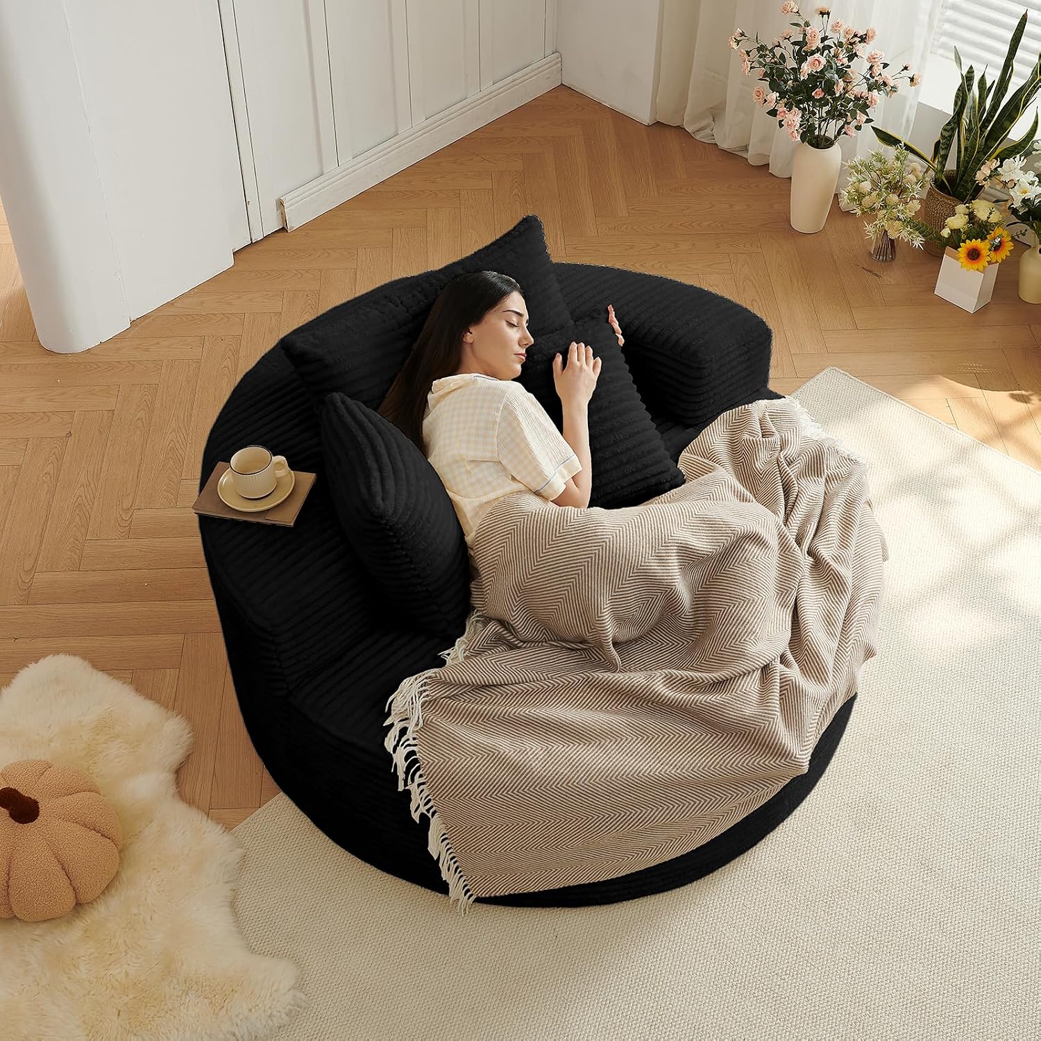 55''L Oversized Round Chaise Longue Chair Indoor, Corduroy Sponge Single Sofa, Oversized Round Chairs, Modern Sleeper Chair for Living Room,Projection Room, Wide Armrest Chairs Black