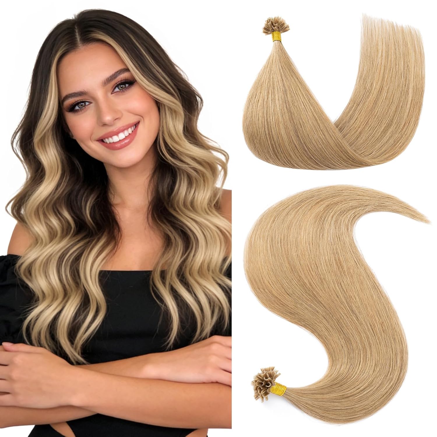 Hairro U Tip Hair Extensions Human Hair Pre Bonded Hot Fusion Keratin Nail Tipped Utips Ktip For Women 14 inch 25g 25 Strands #27R Dark Blonde