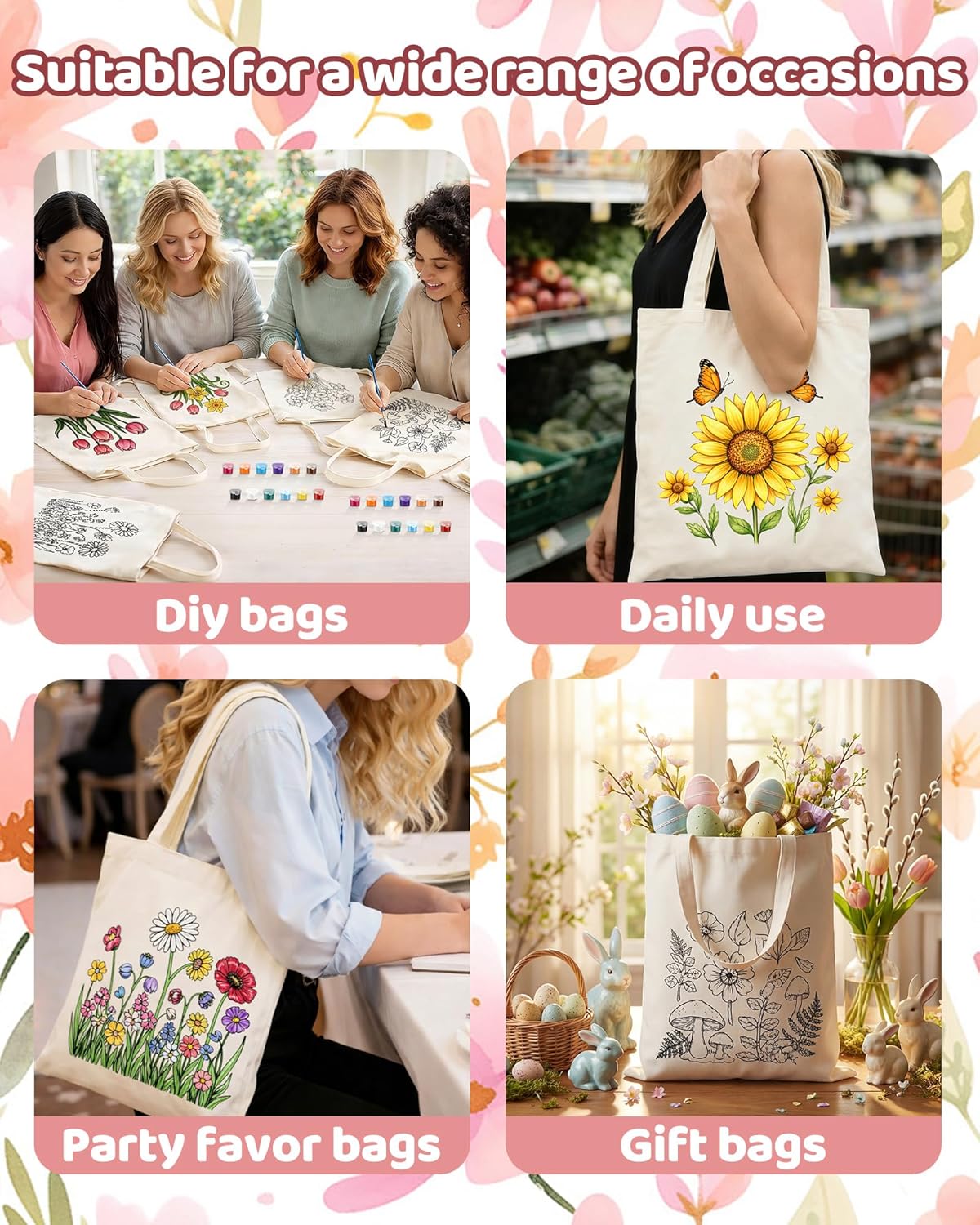 Cosblank 12 Pack DIY Floral Canvas Tote Bags Set with Paints Brushes Color Your Own Flower Craft Kit Reusable Handbags for Art Activities Parties Painting Gifts