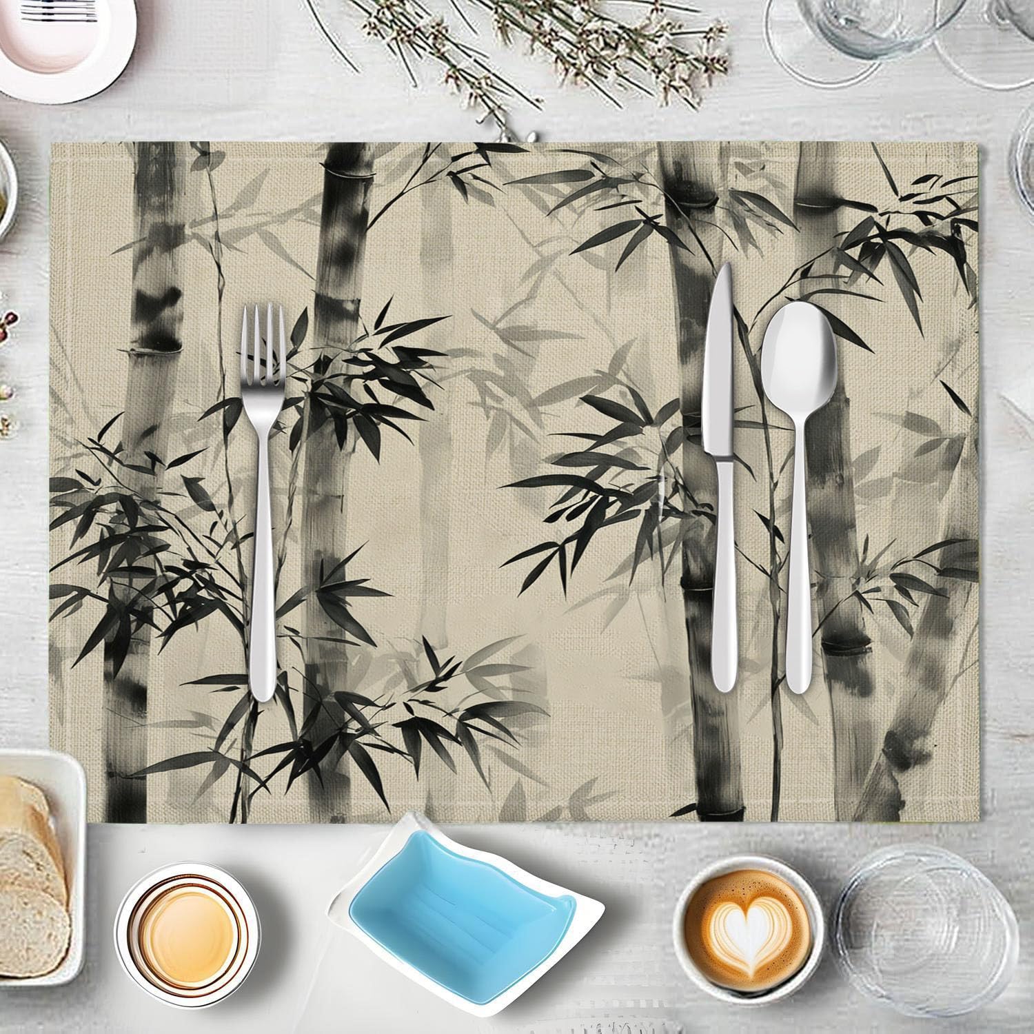 Set Di 8 Tovagliette Da Tavolo Foresta Di Bambù In Inchiostro - Illustrazione Cinese Design | Tovagliette Colazione | Americana 45X30Cm | Arazzo Seppia Tessuto Per Sala Da Pranzo - Lavabile