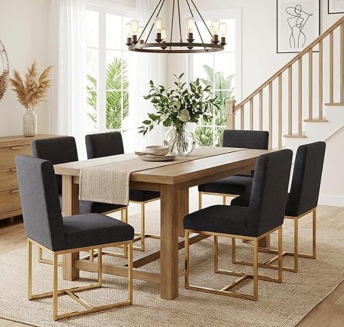 Miniatura 27 de VESCASA Juego de 2 sillas de comedor tapizadas de lino, sillas acolchadas modernas de mediados de siglo con marco de metal dorado para restaurante,