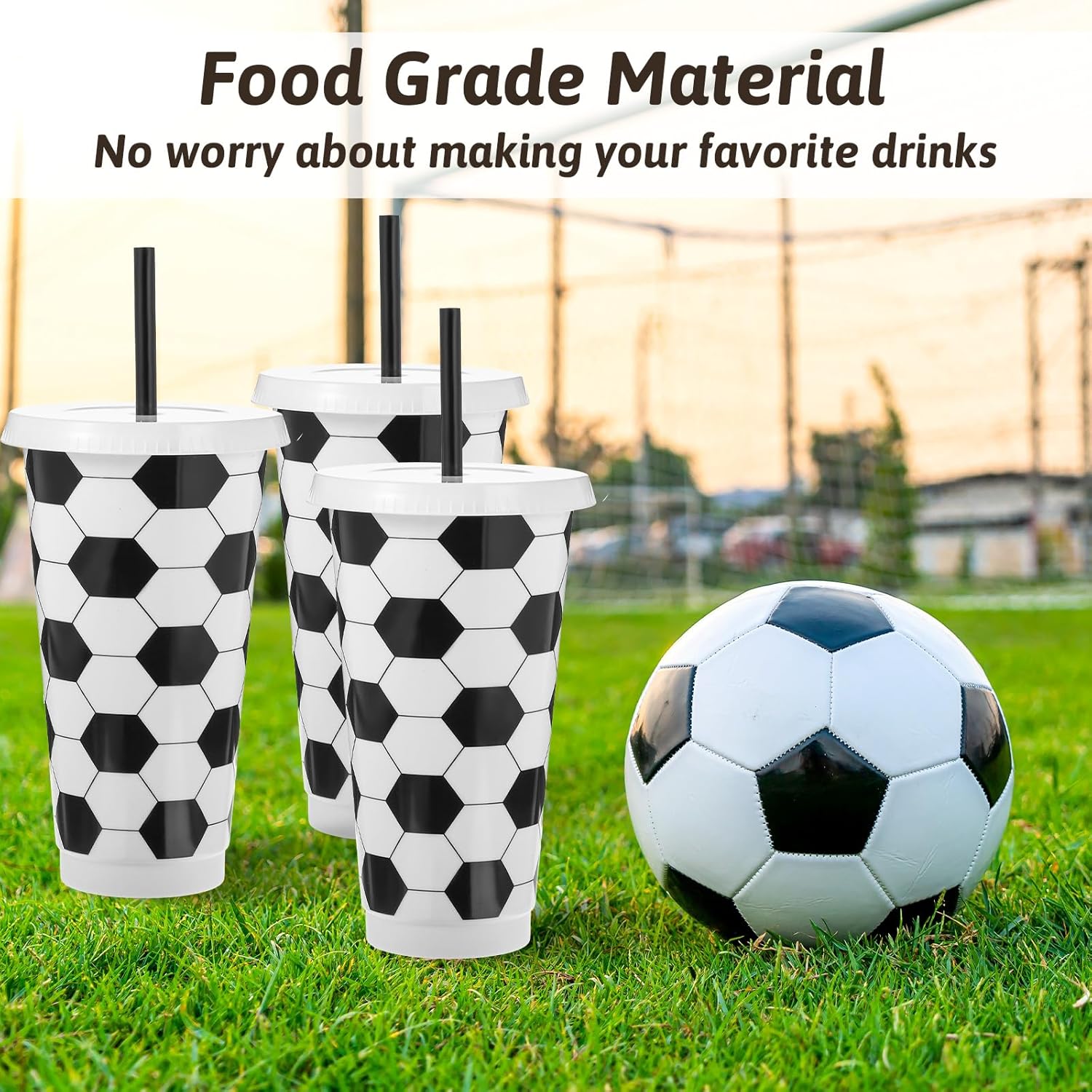 24 Pcs Plastic Soccer Cups Bulk Reusable Tumbler with Lid and Straw, 24 oz Black PP Sports Cups for Team Gifts, Fan Parties, Themed Decorations and Outdoor Events