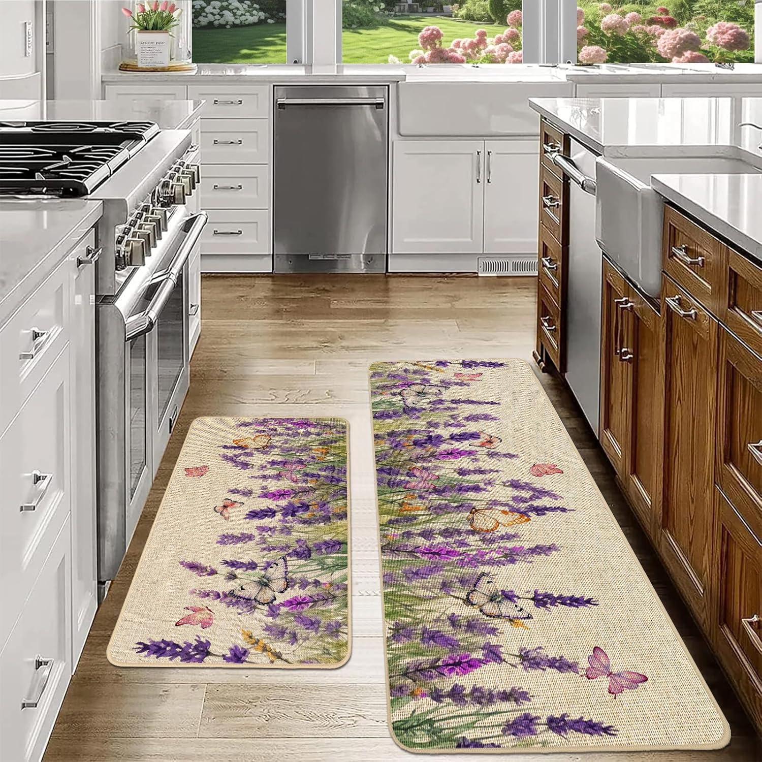 Baccessor Lavender Kitchen Mats Set of 2, Spring Summer Purple Flowers Floral Dragonflies Kitchen Rug Absorbent Non Slip Sink Floor Long Runner Mat Farmhouse Home Decoration 17x29 and 17x47 Inch
