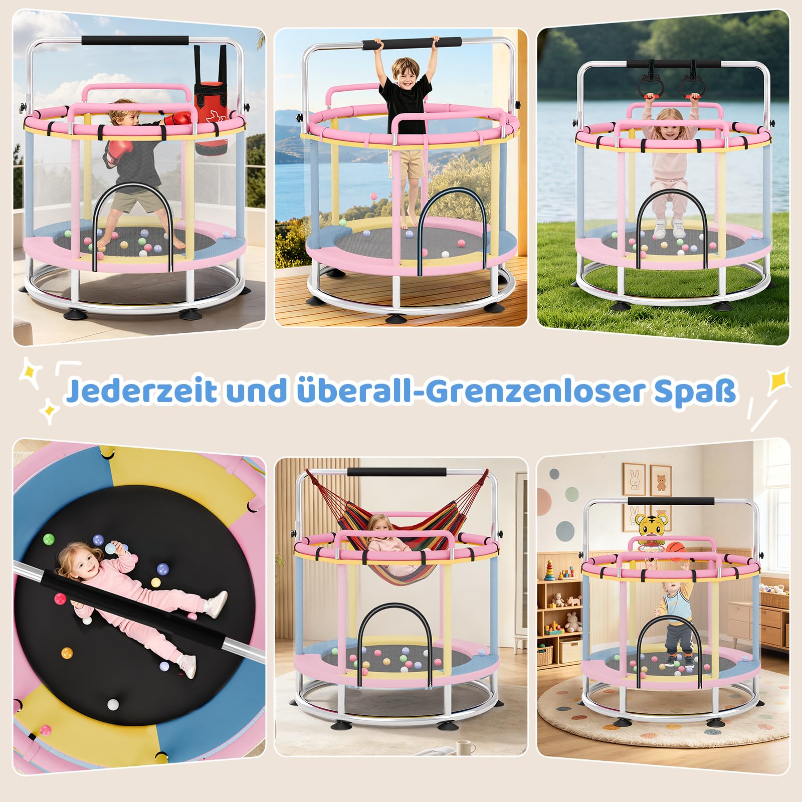 Trampolin Kinder 150cm mit Rundem Sockel und Zwei Handläufen Vorne und Hinten Outdoor/Indoor, 250kg Verstellbares,mit Andsäcken, Basketballkorb, Klimmzugstange und Hängematte für Jungen und Mädchen