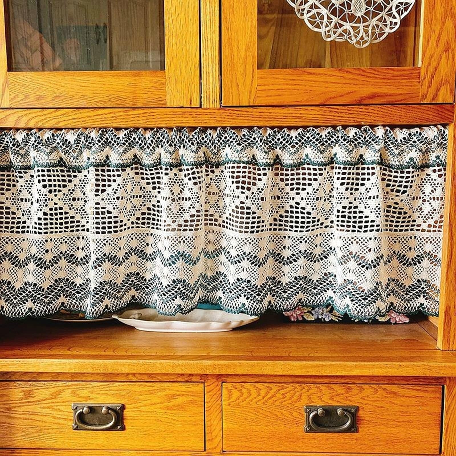 Beige Grün Scheibengardine 1er, Hohl Häkeln Spitze Voile, HxB 180x45cm