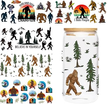 UV DTF Cup Wrap Transfer - 5 Sheets Gorilla UV DTF Sticker for 16 oz Glass, Forest, Tree, Footprint, Adventure Design Rub on Transfer for Water Bottles, Creative Gifts for Friends