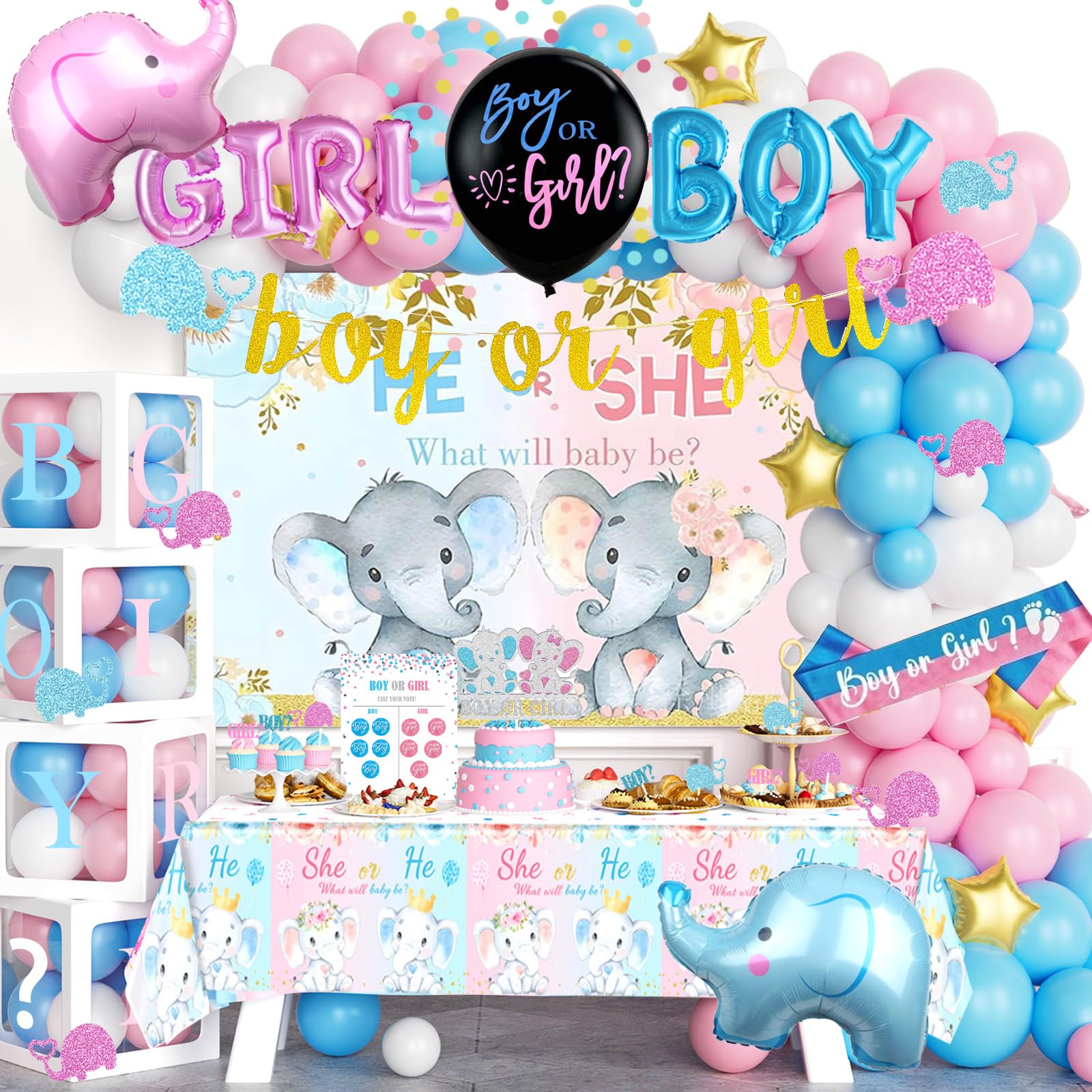 172 PCs Elephant Gender Reveal Decorations, Hombae Boy or Girl Gender Reveal Decorations What Will Baby Be Backdrop Balloon Garland Banner Tablecloth Cake Cupcake Topper Box Cutout Poster Sash