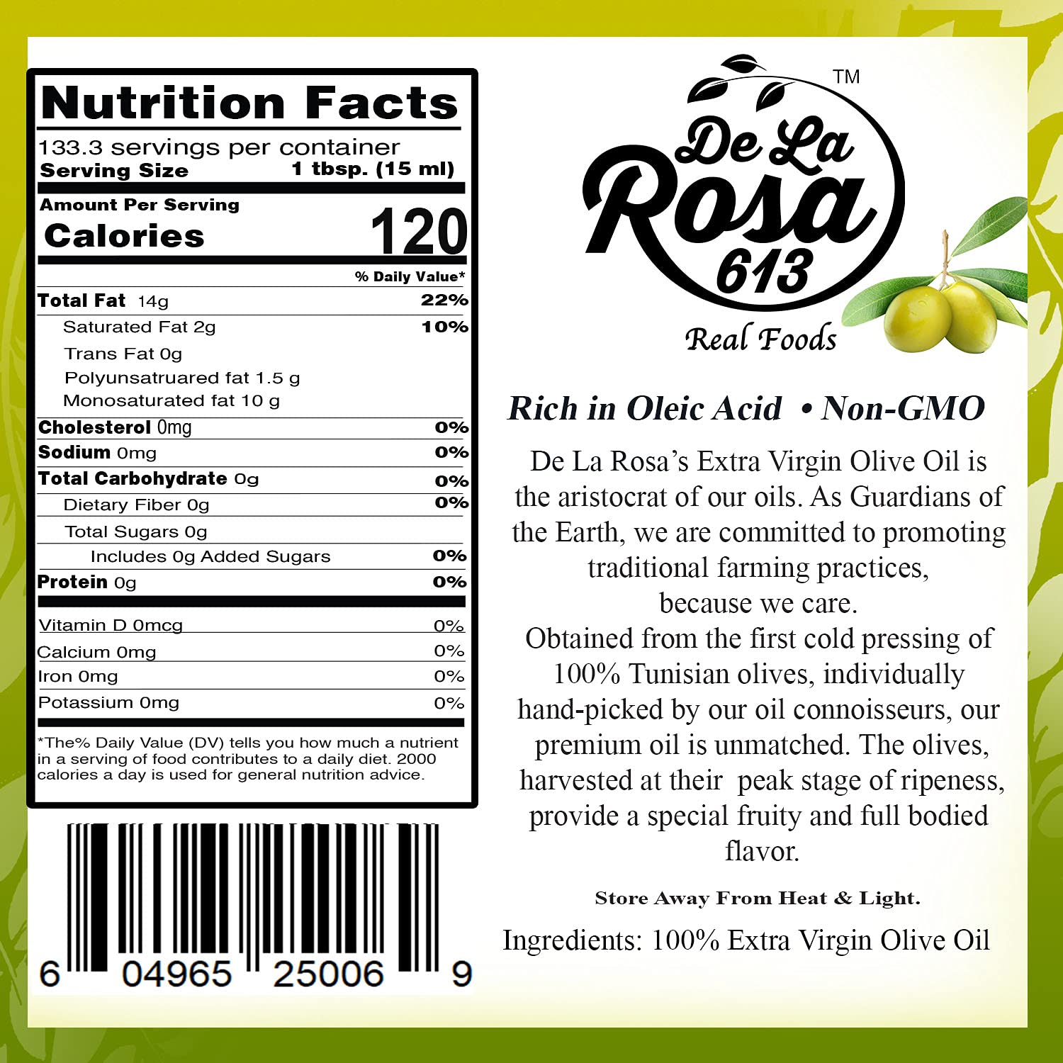 De La Rosa Extra Virgin Olive Oil, First Cold Pressed, Vegan, Kosher, Non-GMO & Gluten-Free, Fruity & Full-Bodied, Great for Salad Dressings & More, Olive Oil Extra Virgin 2 Liter (Pack of 1)