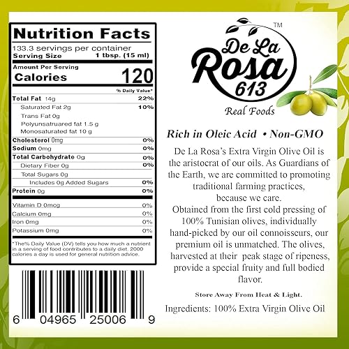 Miniatura 9 de De La Rosa - Aceite de oliva virgen extra, primer prensado en frío, vegano, kosher, sin OMG y sin gluten, ideal para aderezos de ensalada, adobos y