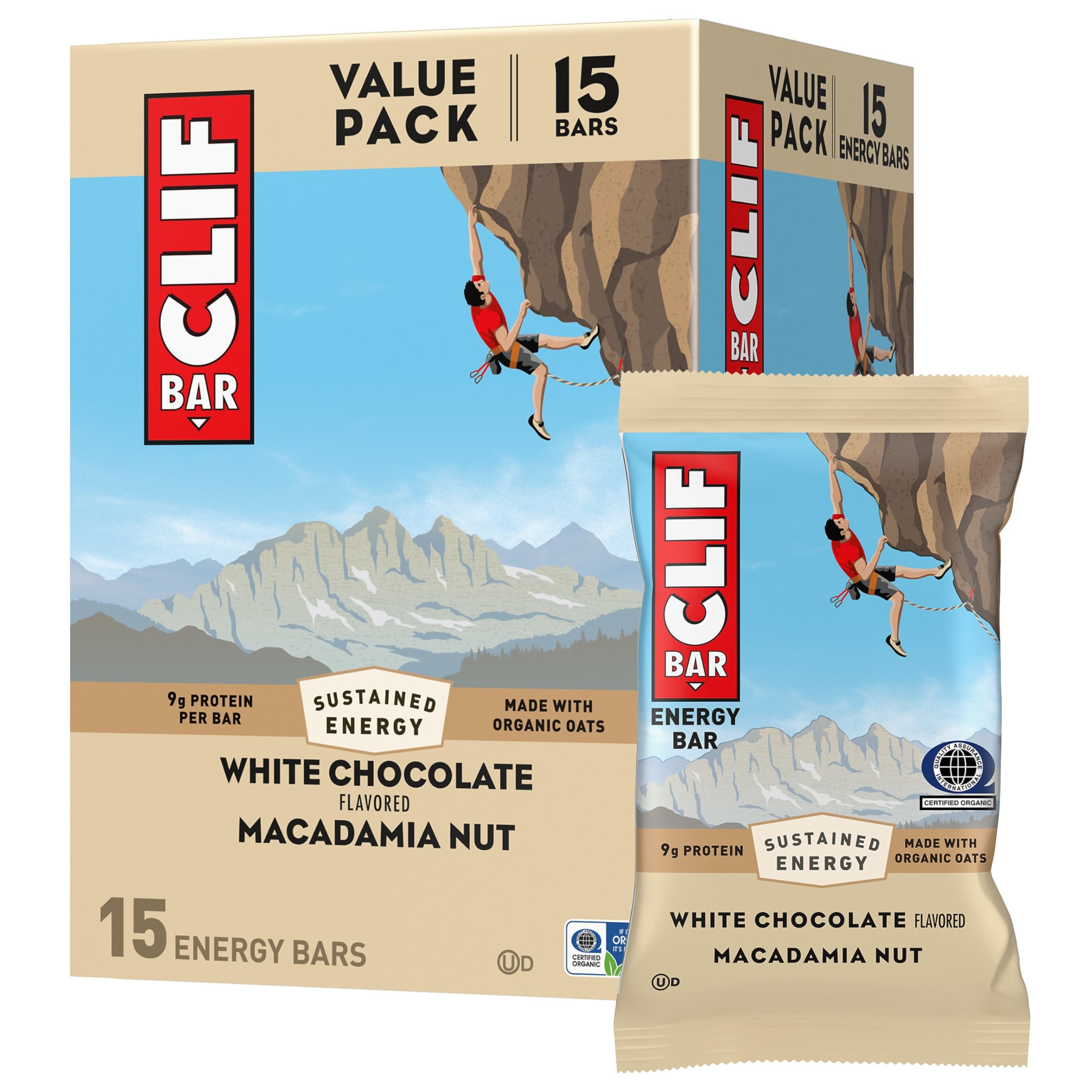 CLIF BAR - White Chocolate Macadamia Nut Flavor - Made with Organic Oats - Energy Bars - Non-GMO - Plant Based Protein Bars (15 Pack)