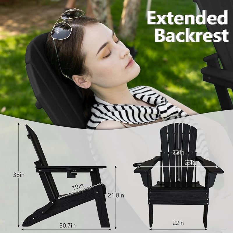 Plawdlik Folding Adirondack Chair Set of 4, Cup Holder，Wooden Textured ，Heavy All-Weather HDPE Comfortable Set Poolside Backyard Lawn Black image 2