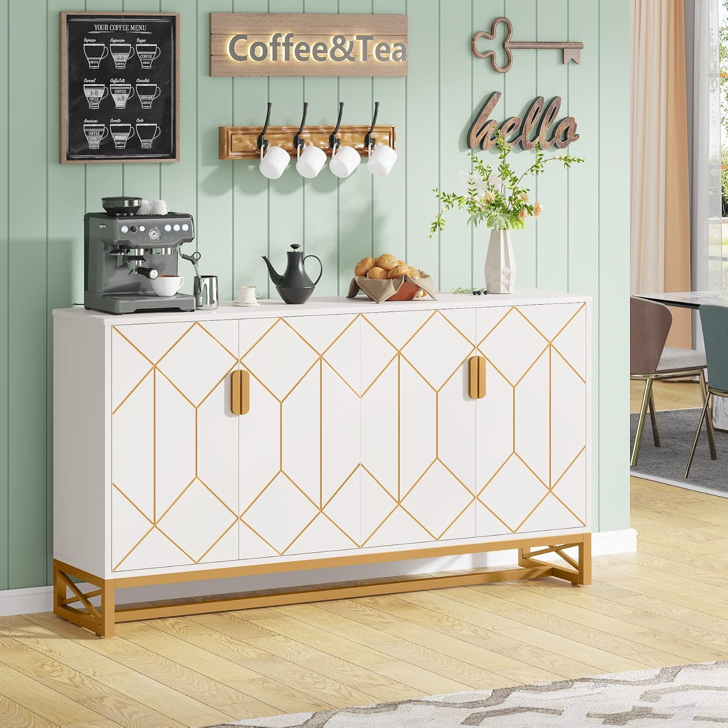 Tribesigns White Gold Storage Cabinet with Door and Adjustable Shelves for Living Room, Modern Floor Cabinets Long Sideboard Buffet Golden Coffee Bar with 4 Doors Metal Frame for Home Office Kitchen