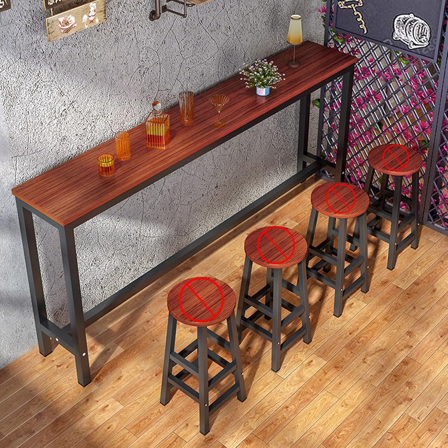 YVYKFZD Narrow Bar Table, Rectangle Bar Height Table, Large Home Dining Table with Metal Trestle Base, Industrial Breakfast Table Bistro Table, Table Only(Teak+Black,39.3"x11.8"x39.3")