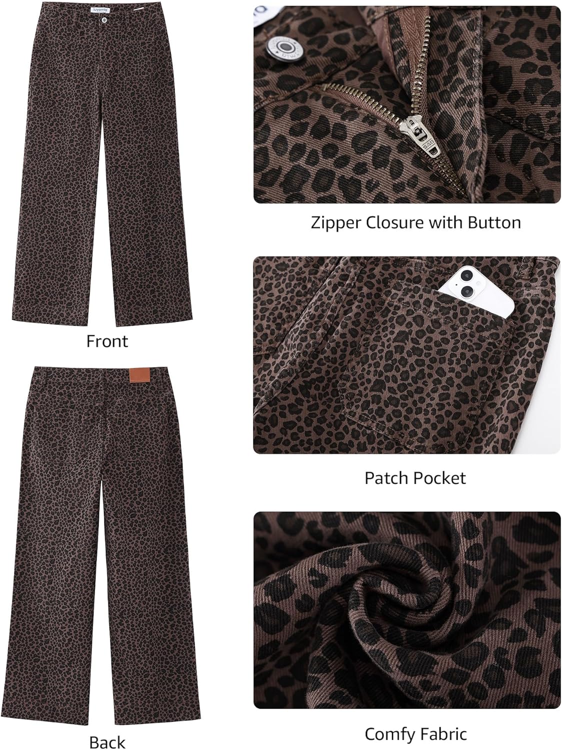 luvamia Wide Leg Jeans for Women High Waisted Leopard Cheetah Print Stretch Cropped Denim Pants Patch Pocket Flare Jeans - Image 5