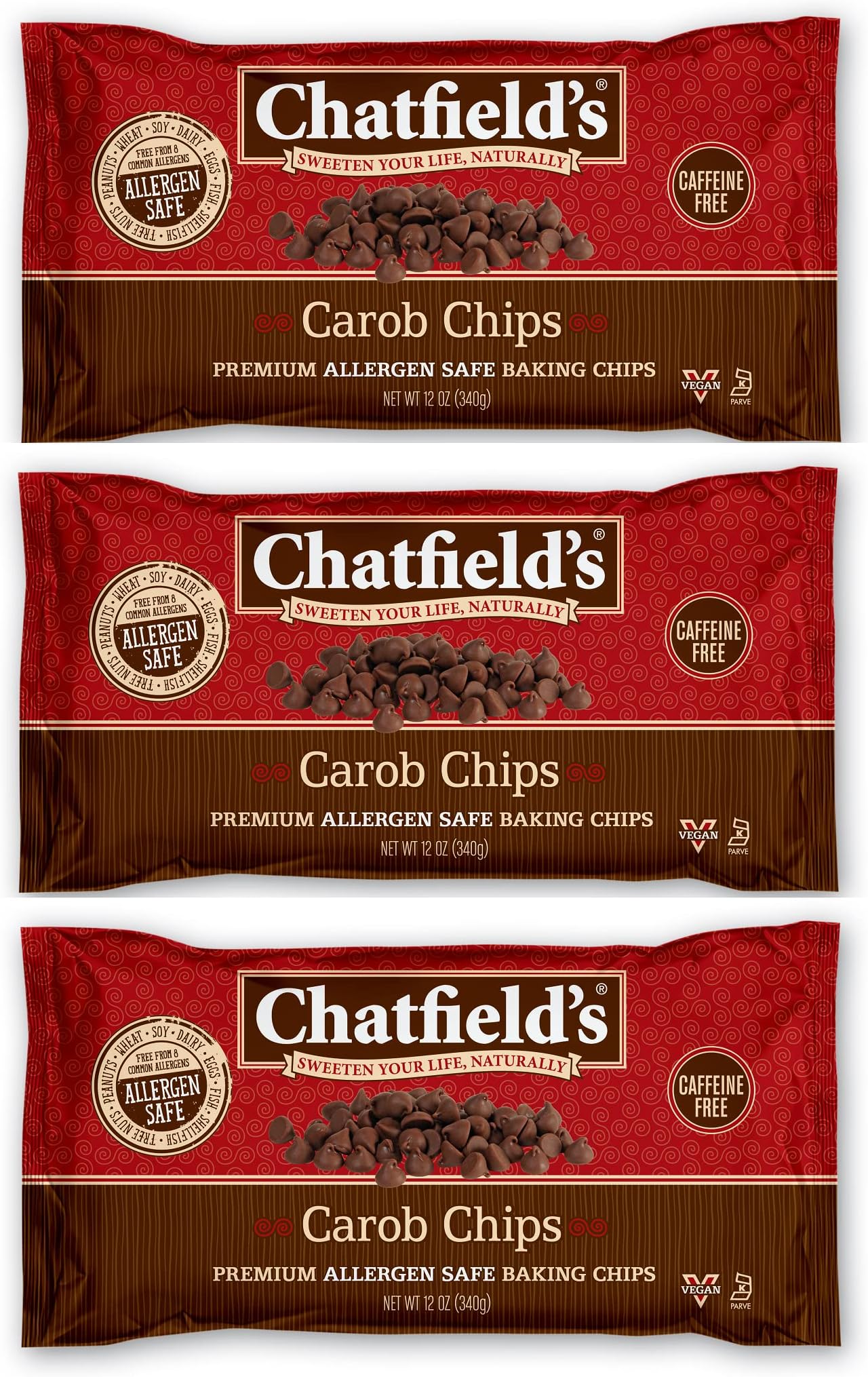 Chatfield's Carob Chips, Premium Allergen Safe Baking Chips, Vegan, Allergan Safe, Non-GMO 12oz Bag (3 Pack)