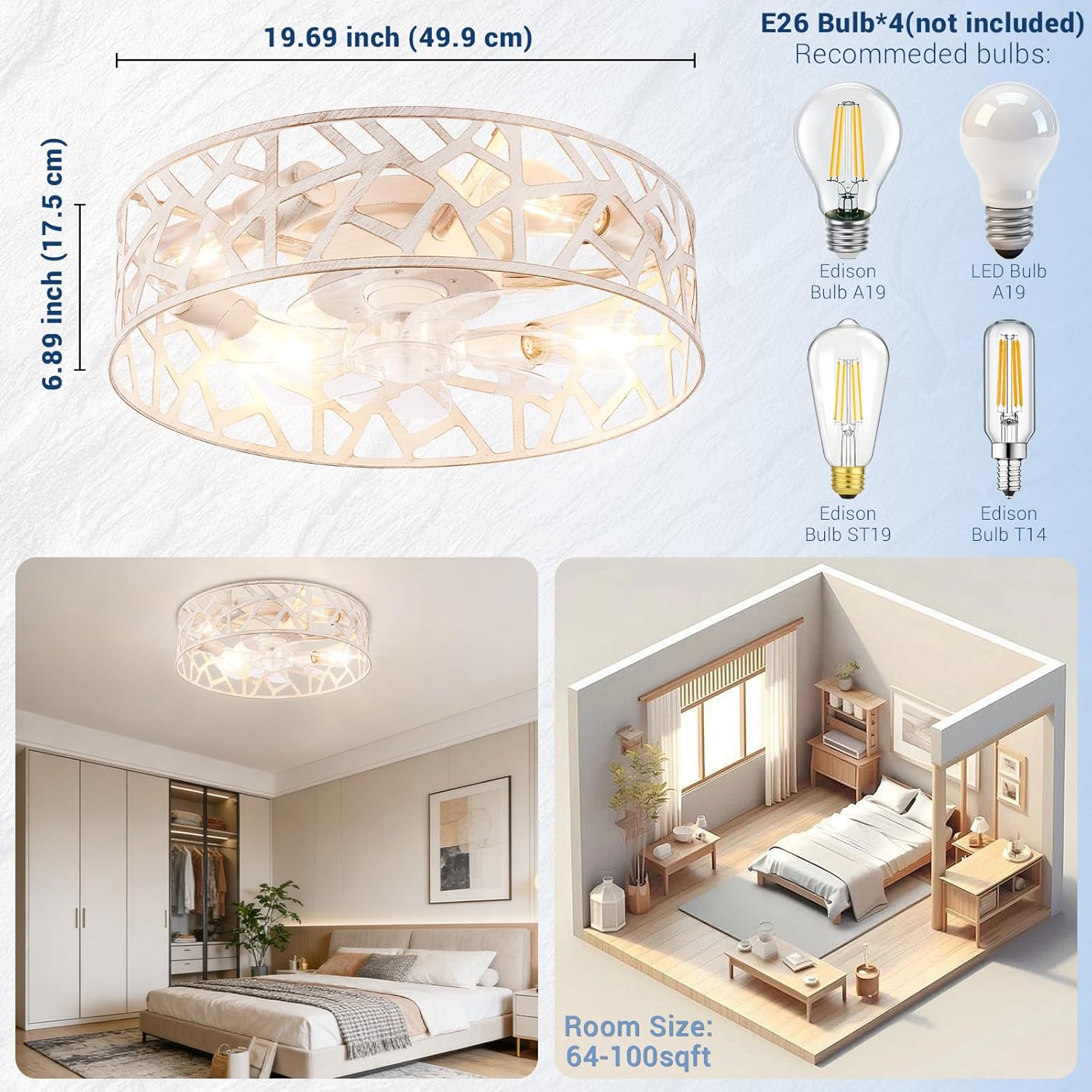 20 Inch Caged Ceiling Fans with Lights and Remote,Farmhouse Flush Mount Fandelier Ceiling Fan Vintage White, Low Profile Bladeless Ceiling Fans for Bedroom,Kitchen,Living Room