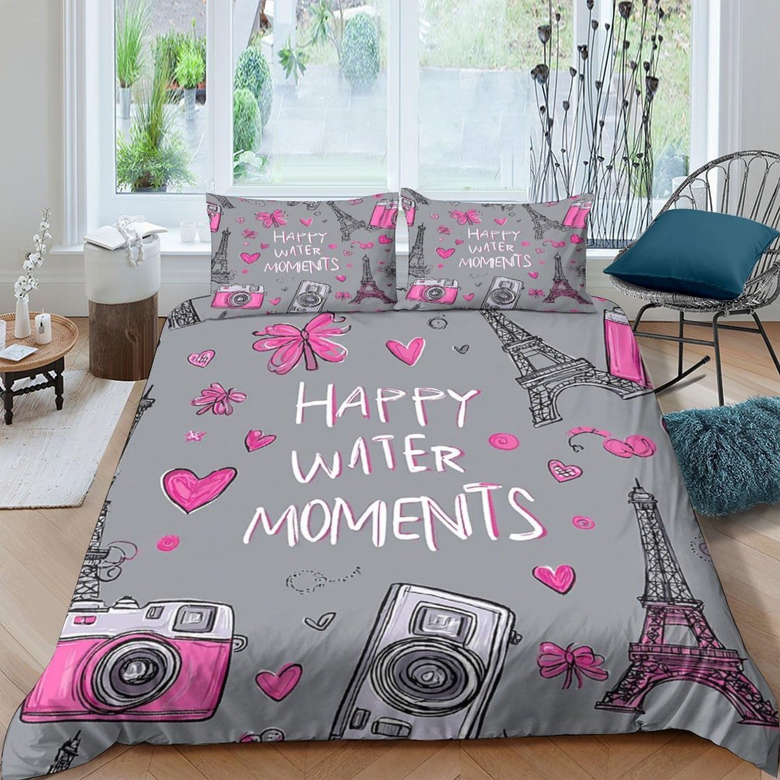Ctjqhvkz Style-1 3D Printed Paris Eiffel Tower Fitted Sheet Microfiber Pink Camera Bed Cover For Bedroom Dorm Decor Protection Single（135X200cm）