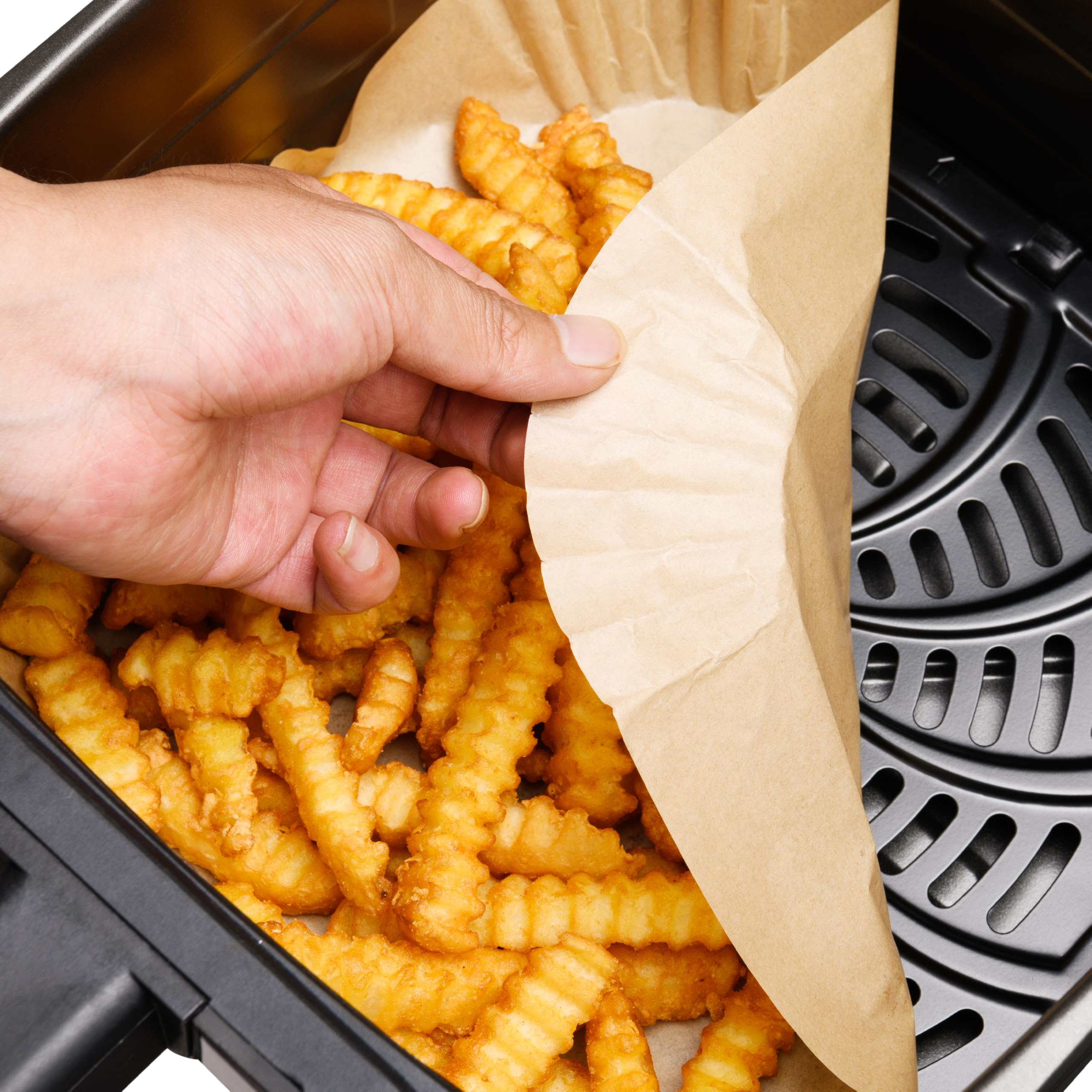 LEHMANN 100 sztuk papieru do pieczenia do frytkownicy na gorące powietrze z koszem o pojemności 4,5–8 l, kwadratowy 23–27,4 cm, nieprzywierający i odporny na olej, papier do pieczenia do frytkownicy
