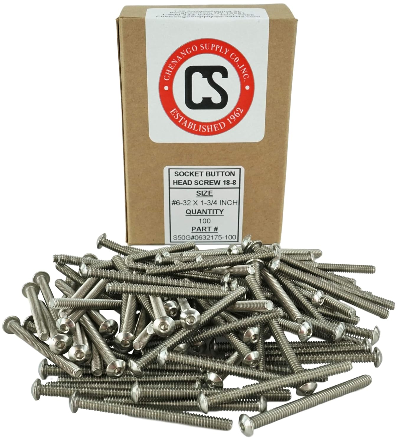 Stainless #6-32 x 1-3/4" (3/8" to 2" Available) Socket Button Head Cap Screws, Full Thread, Hex Drive, Stainless Steel 18-8, Machine Thread (6-32 x 1-3/4")