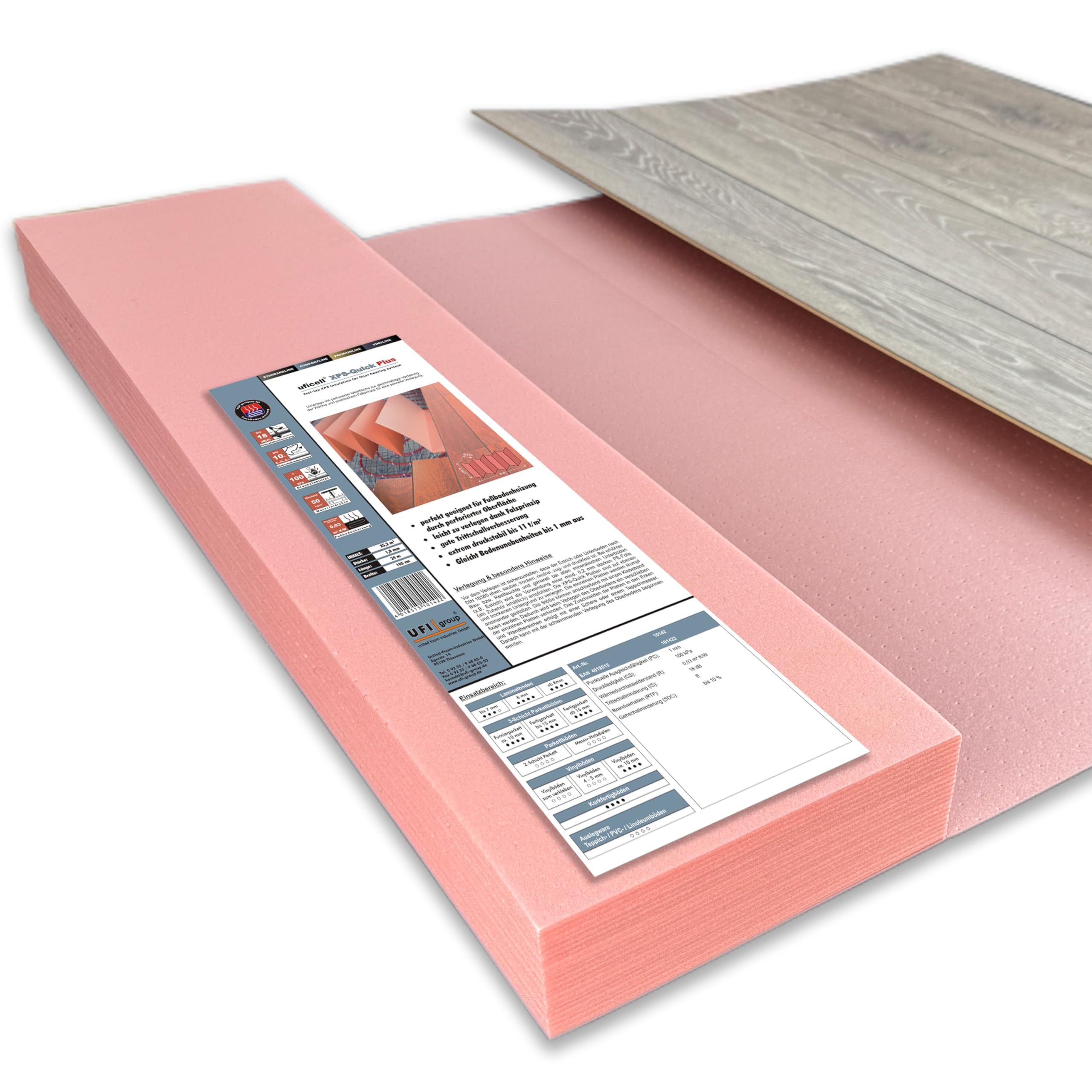 Base para laminado y parquet con aislamiento acústico de impactos para suelo radiante uficell XPS-Quick PLUS, grosor: 1,8 mm (3 paquete | 37,8 m²)
