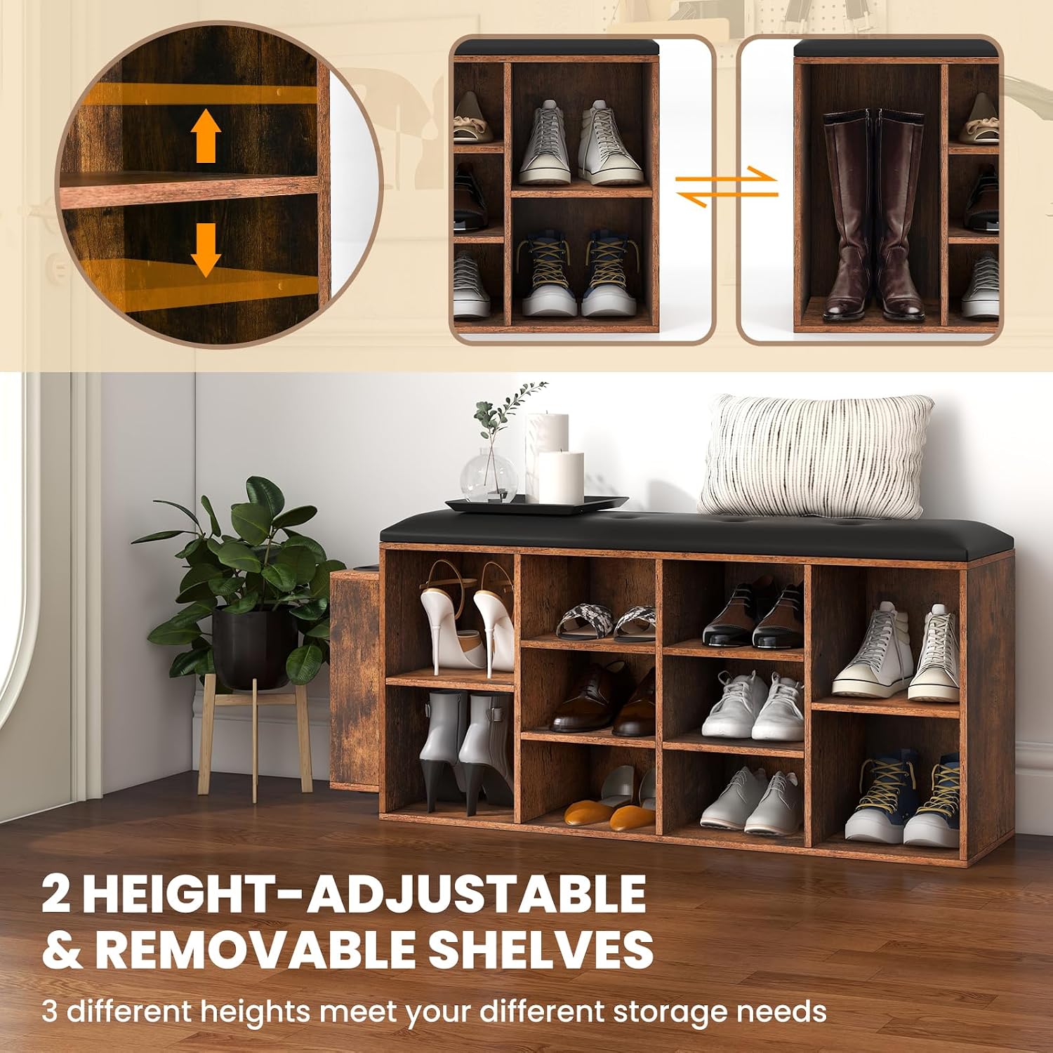 Giantex Entryway Storage Bench with Umbrella Stand, 10-Cube Storage Bench with Adjustable Shelf & PU Leather Padded Cushion, Shoe Rack Organizer for Living Room, Bedroom & Checkroom, Rustic Brown