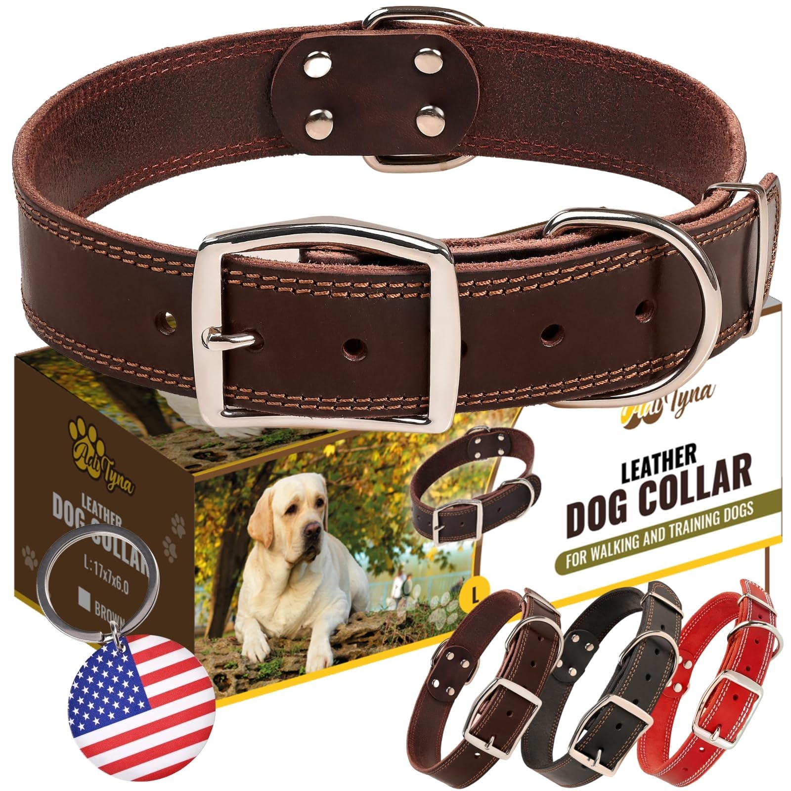 ADITYNA Heavy Duty Leather Dog Collar for Large Dogs, Adjustable 17-23" | Soft yet strong leather collar for walking, training — great for Labrador, German Shepherd, Golden Retriever, Doberman