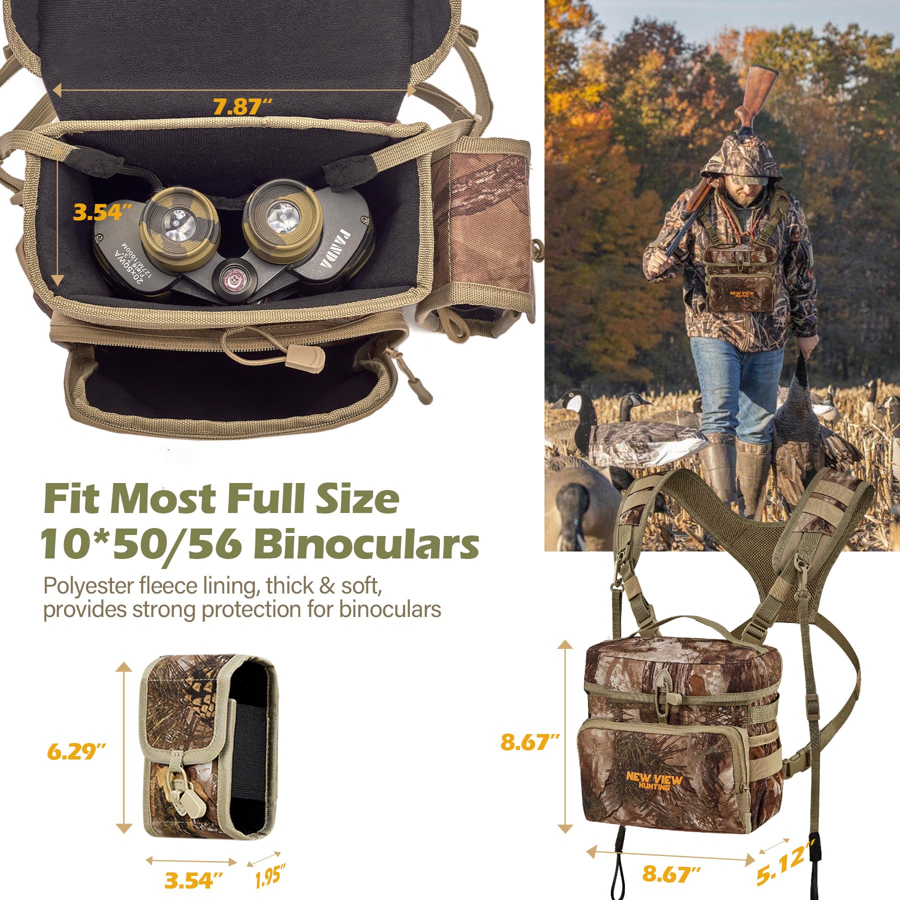 NewView Binocular Harness Chest Pack mit abnehmbarer Entfernungsmesser-Tasche, verstellbarem Bino-Gurt und Regenschutz - ideal für Jagd, Wandern und Vogelbeobachtung-L