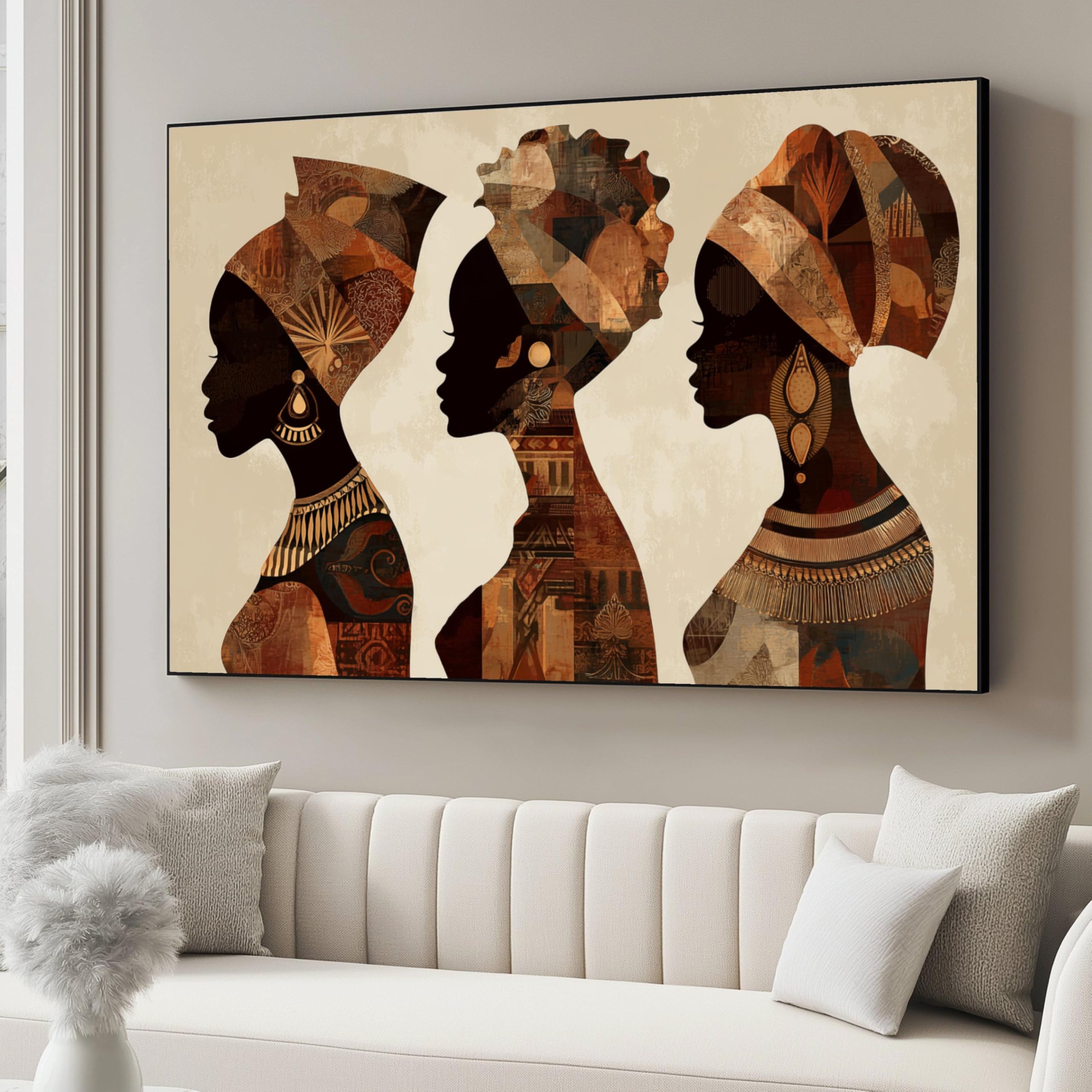 LMYCHENG African Women Silhouette Canvas, Tribal Headwrap Wall Art, Ethnic Home Decor, Boho Female Profile Oil Painting(60x80cm/Frameless)