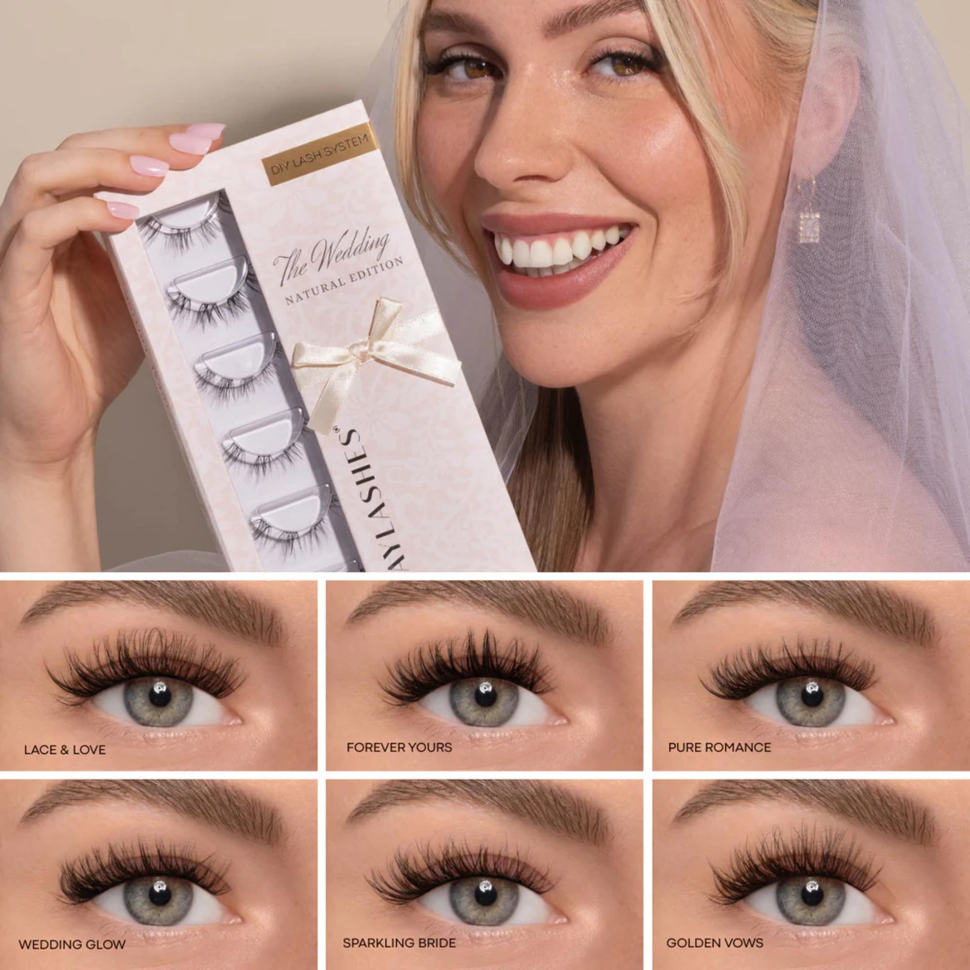AYLASHES The Wedding Natural Edition DIY Wimpernextensions Limited Edition 6 Paar Wimpernextensions für natürliche Braut-Looks von Doll-Eyes bis Cat-Eyes mit bis zu 7 Tage Halt