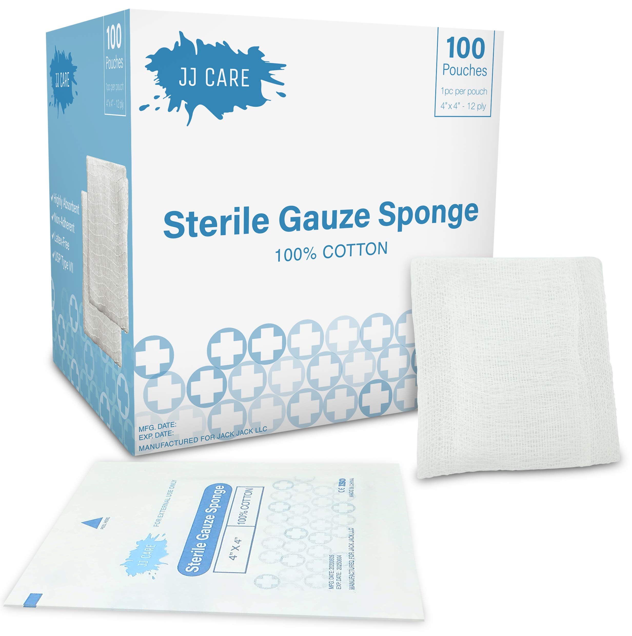 JJ CARE 4x4 Sterile Gauze Pads [Box of 100] 12Ply Cotton Gauze Pads