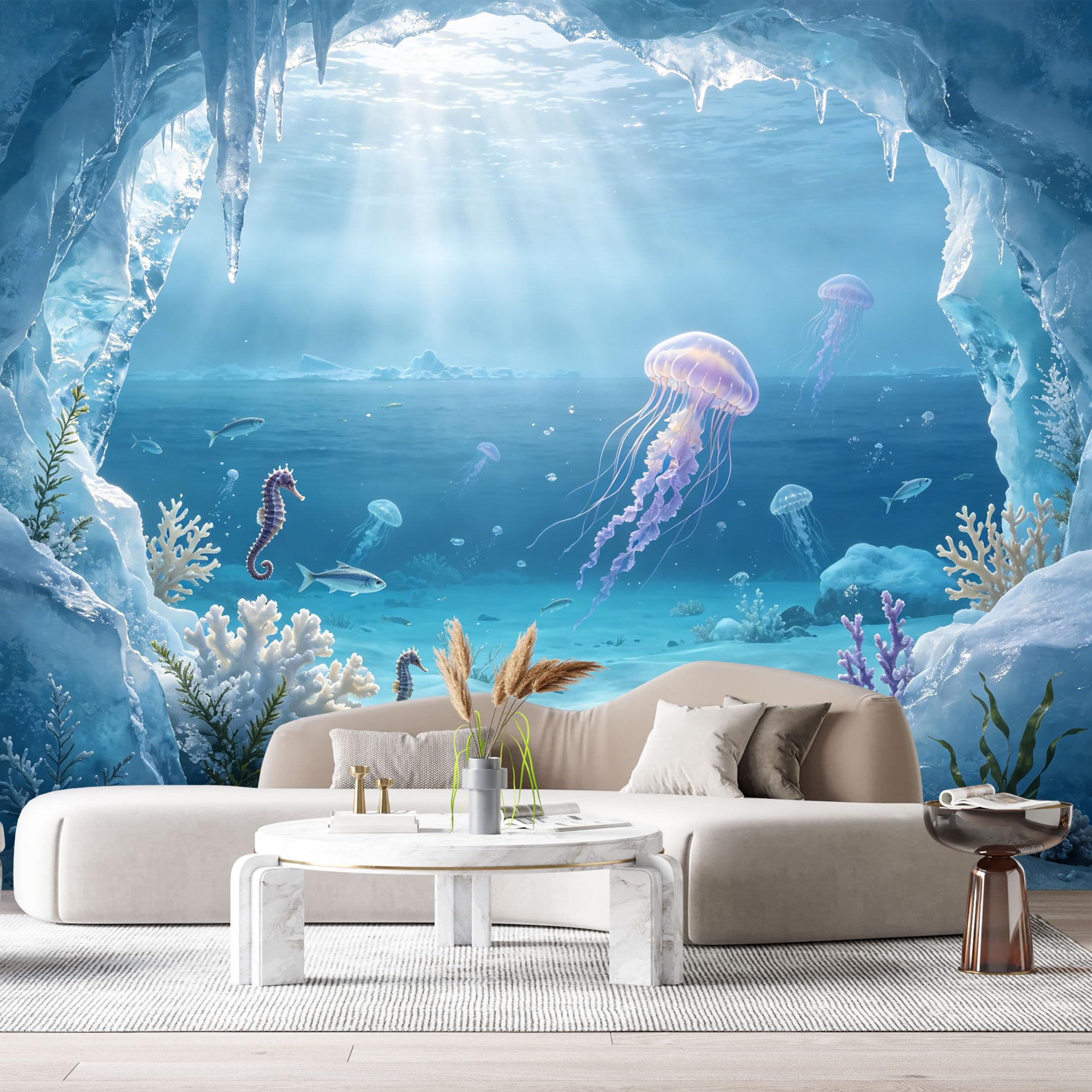 Custom Size Wall Murals Ocean Marine 3D Jellyfish Seahorse Underwater World SelfAdhesiveWall Fabric Removable Wallpaper Wall Decor for Living Room Bedroom Bathroom
