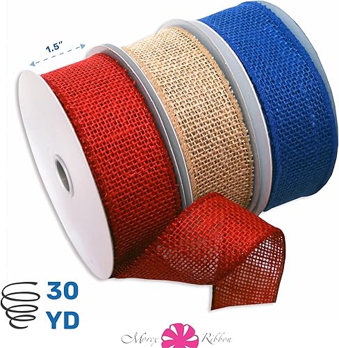 Miniatura 2 de Morex Ribbon 1252.40P3-914 - Cinta de arpillera de 1.5 pulgadas x 30 yardas, cinta patriótica para envolver regalos, rojoblancoazul (paquete de 3),