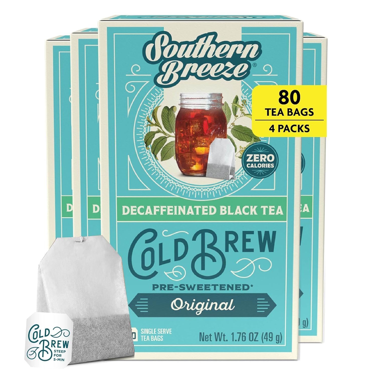 Southern Breeze Decaf Cold Brew Sweet Tea Original Iced Tea with Black Tea and Zero Carbs Zero Sugar, 20 Individually Wrapped Tea Bags, Pack of 4